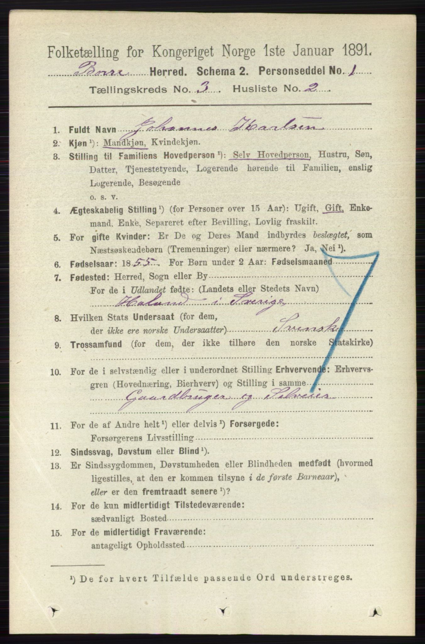 RA, 1891 census for 0717 Borre, 1891, p. 1227