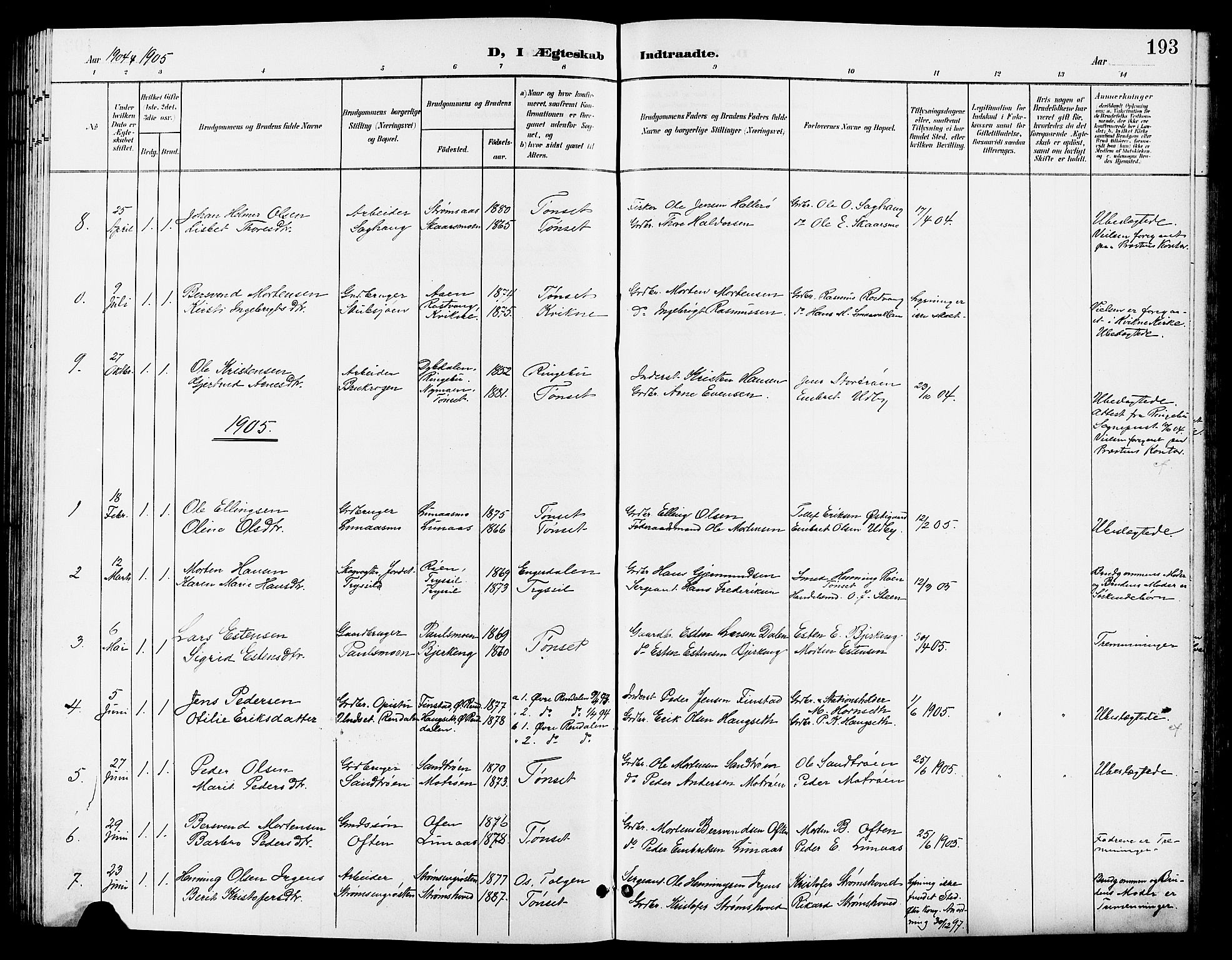 Tynset prestekontor, SAH/PREST-058/H/Ha/Hab/L0009: Parish register (copy) no. 9, 1900-1914, p. 193