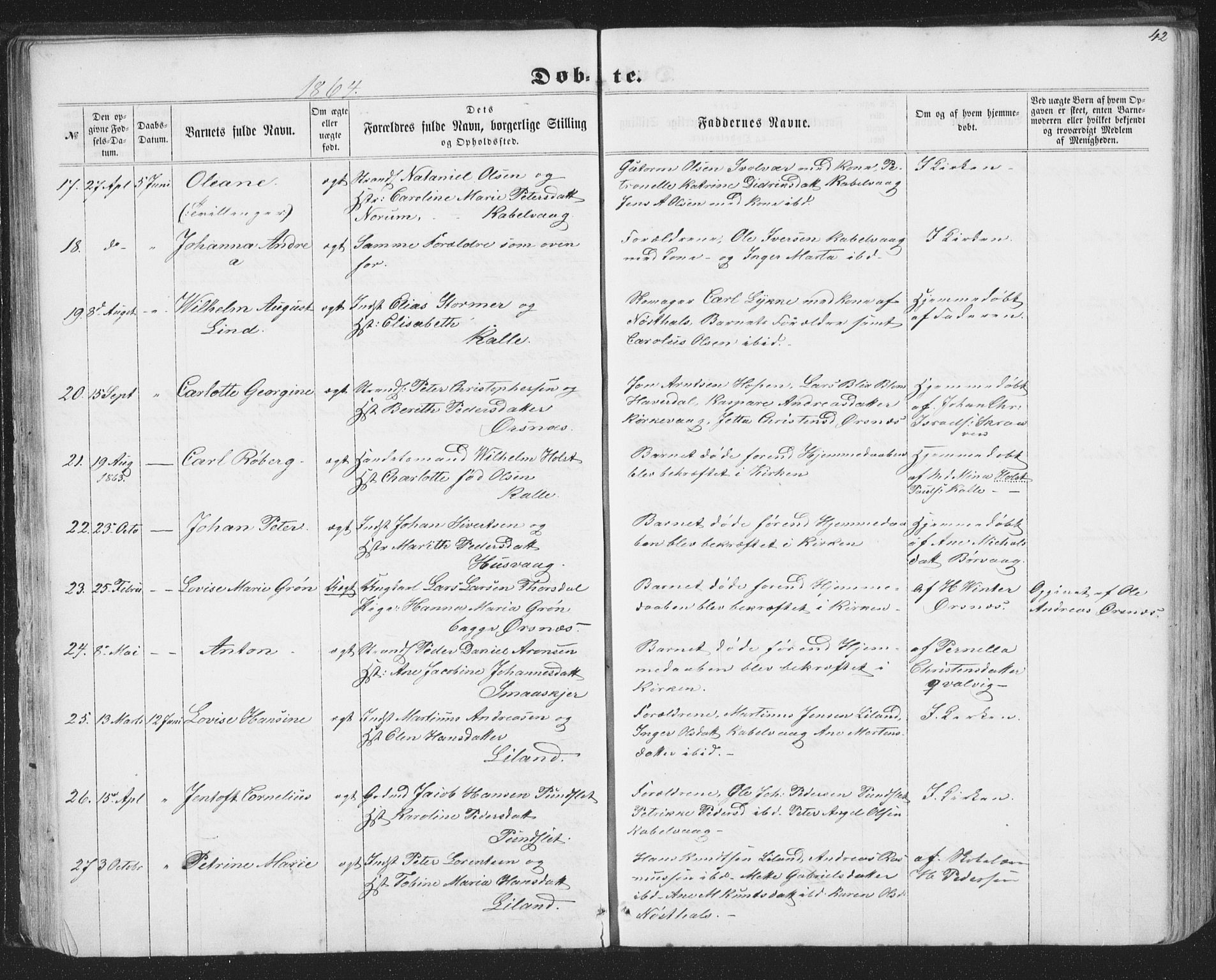 Ministerialprotokoller, klokkerbøker og fødselsregistre - Nordland, AV/SAT-A-1459/874/L1073: Parish register (copy) no. 874C02, 1860-1870, p. 42