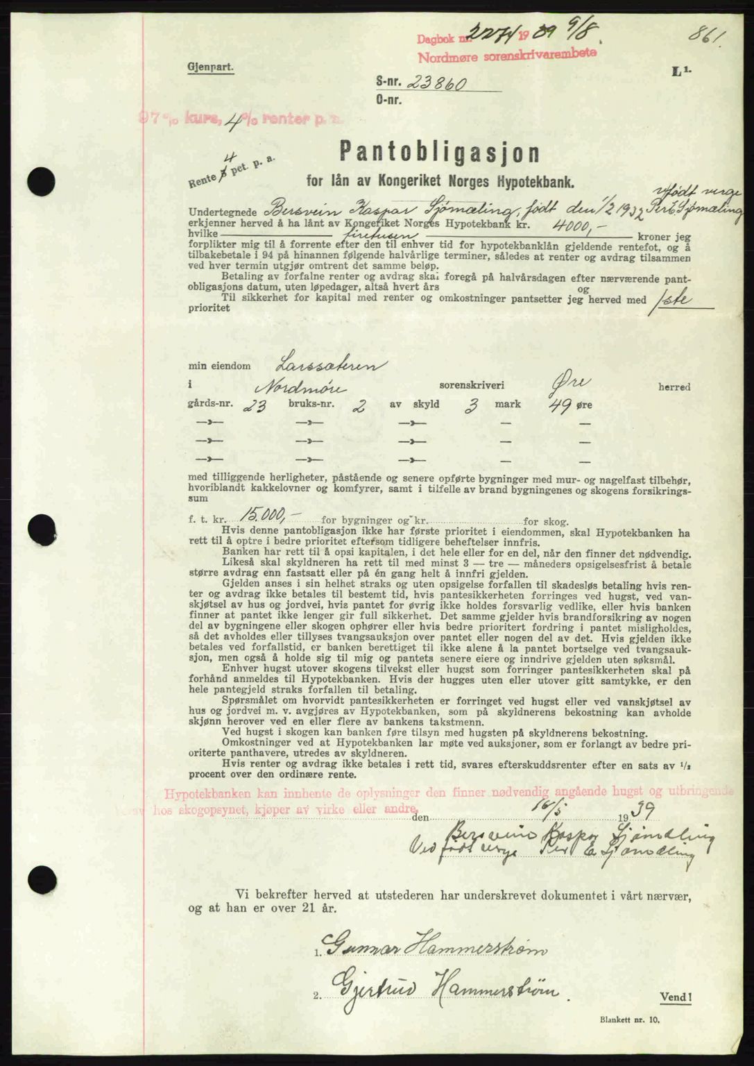 Nordmøre sorenskriveri, AV/SAT-A-4132/1/2/2Ca: Mortgage book no. B85, 1939-1939, Diary no: : 2274/1939