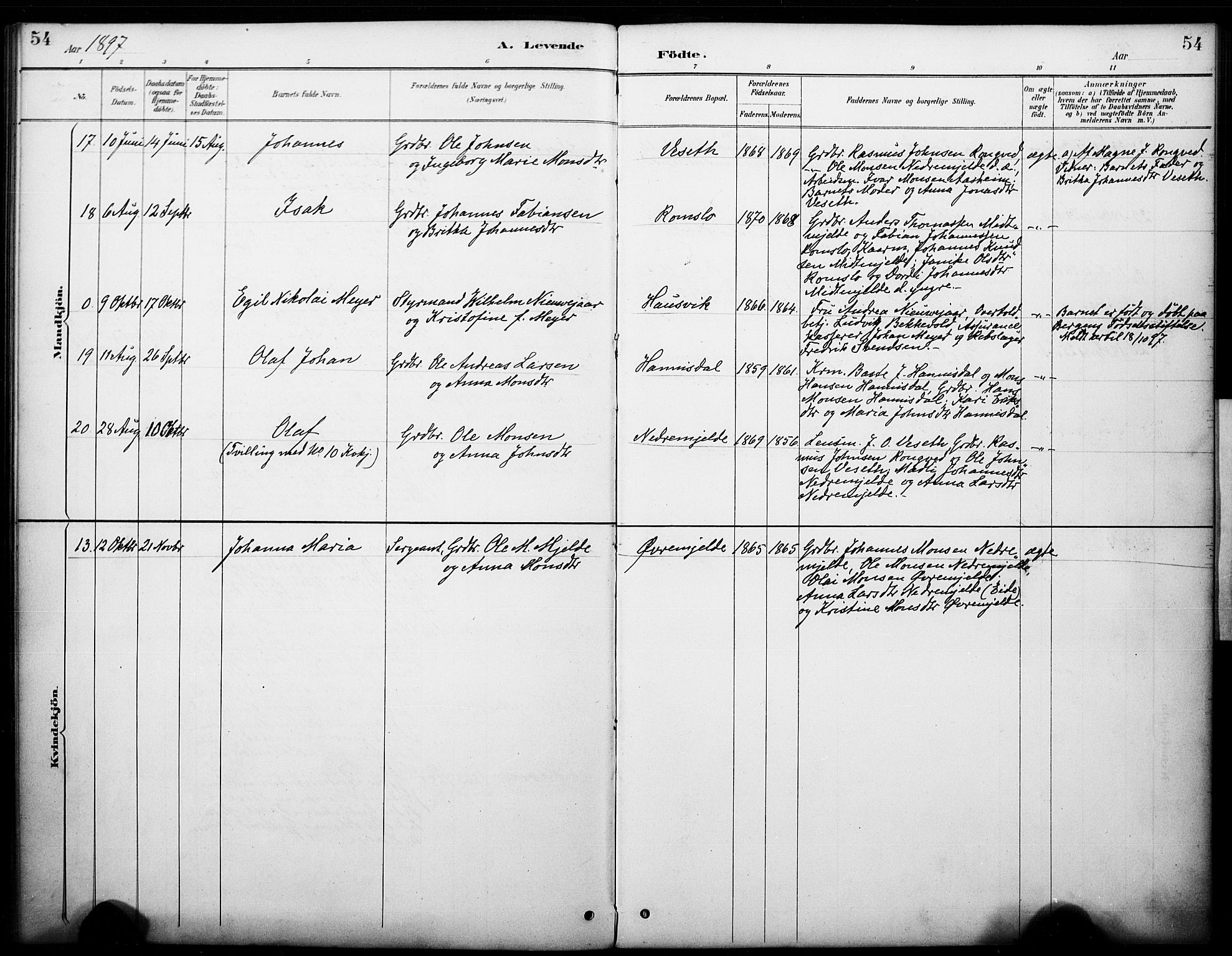 Haus sokneprestembete, AV/SAB-A-75601/H/Haa: Parish register (official) no. B 1, 1887-1898, p. 54