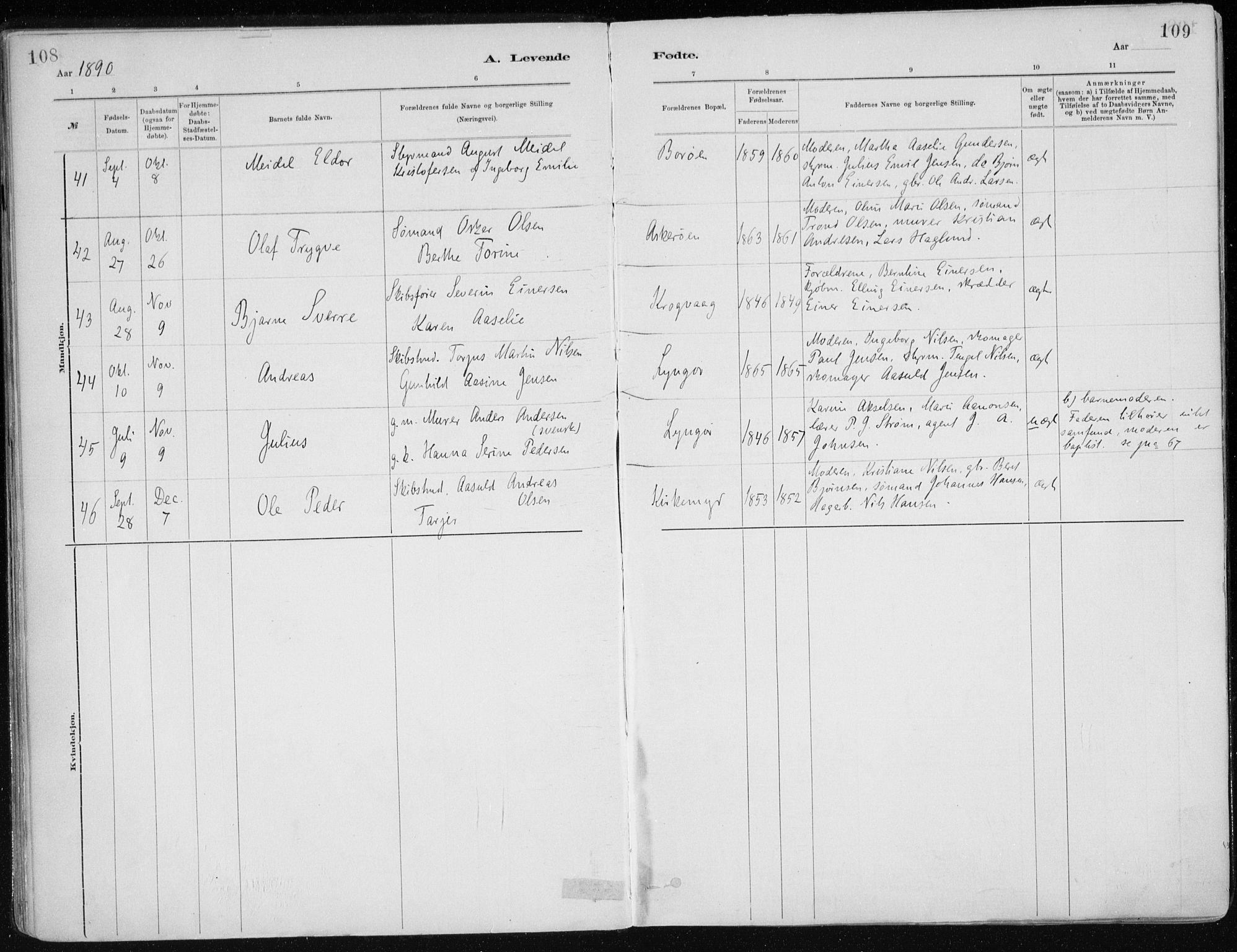 Dypvåg sokneprestkontor, AV/SAK-1111-0007/F/Fa/Faa/L0008: Parish register (official) no. A 8, 1885-1906, p. 108-109