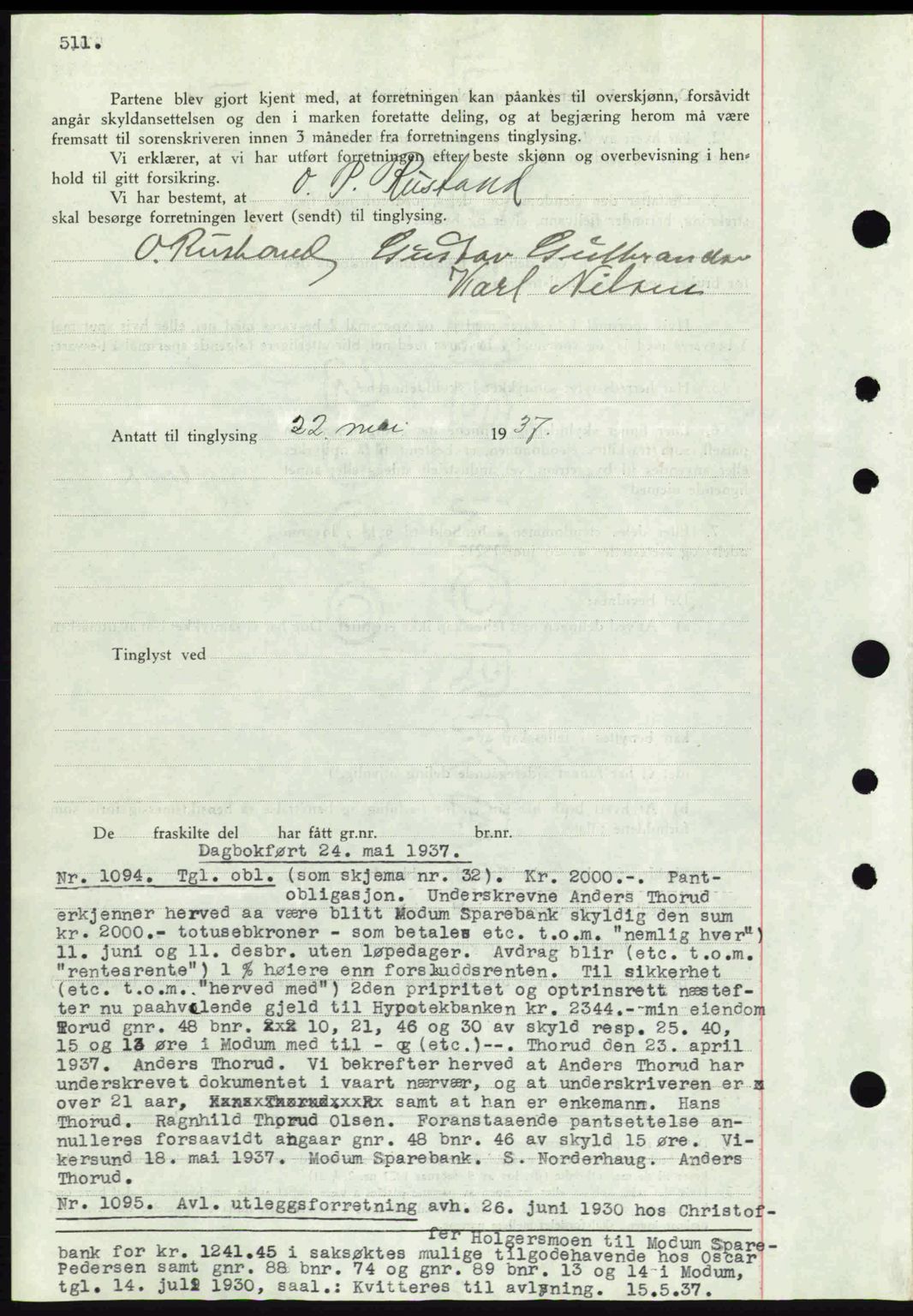 Eiker, Modum og Sigdal sorenskriveri, SAKO/A-123/G/Ga/Gab/L0035: Mortgage book no. A5, 1937-1937, Diary no: : 1094/1937