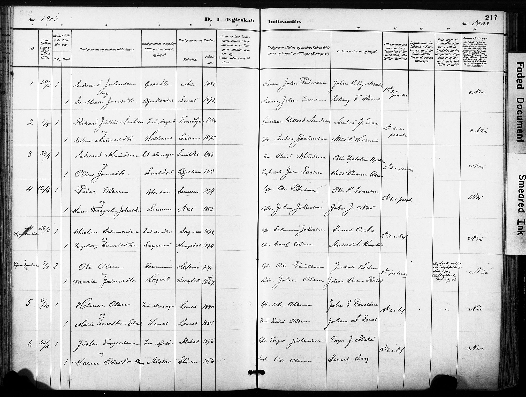 Ministerialprotokoller, klokkerbøker og fødselsregistre - Sør-Trøndelag, SAT/A-1456/630/L0497: Parish register (official) no. 630A10, 1896-1910, p. 217