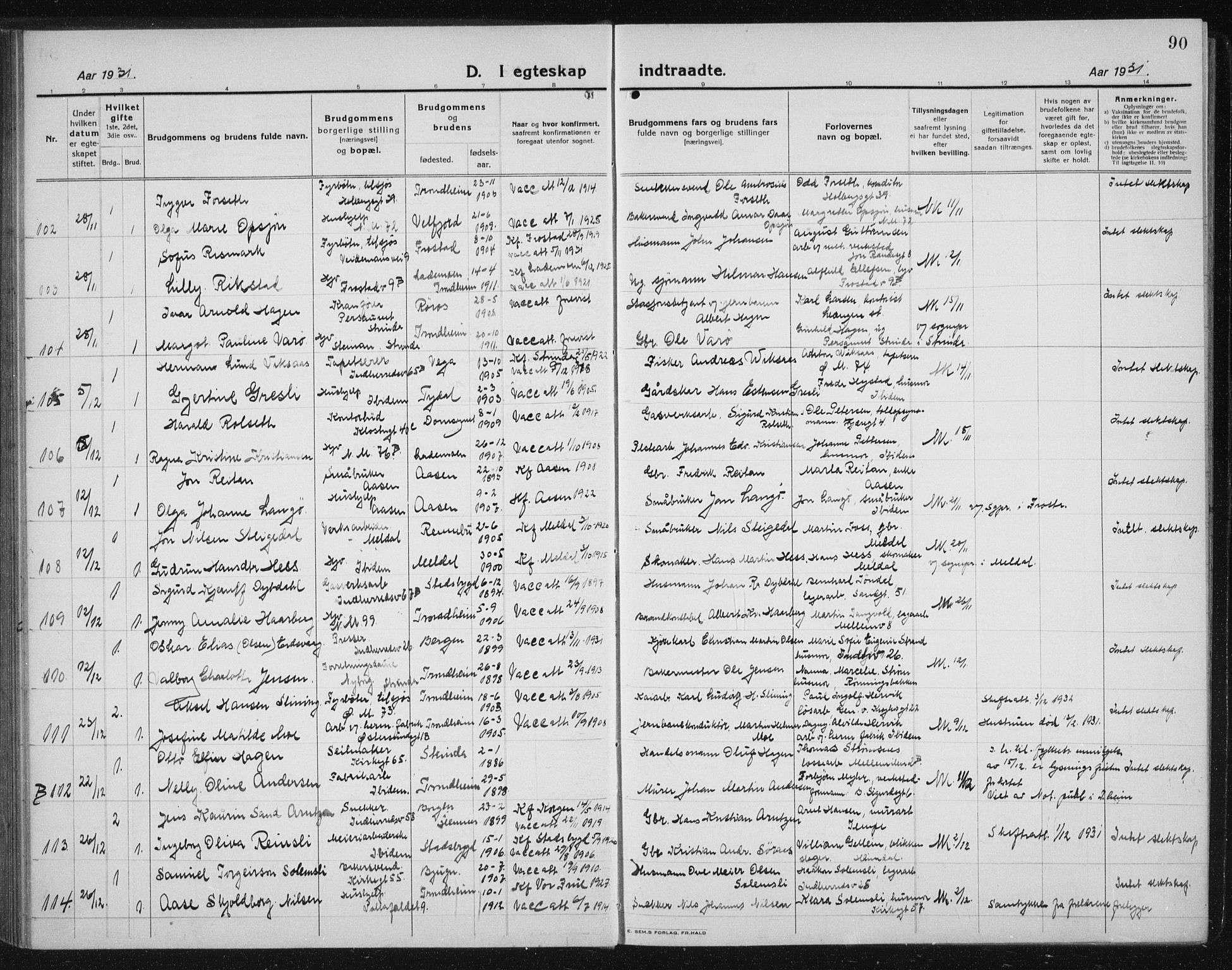 Ministerialprotokoller, klokkerbøker og fødselsregistre - Sør-Trøndelag, SAT/A-1456/605/L0260: Parish register (copy) no. 605C07, 1922-1942, p. 90