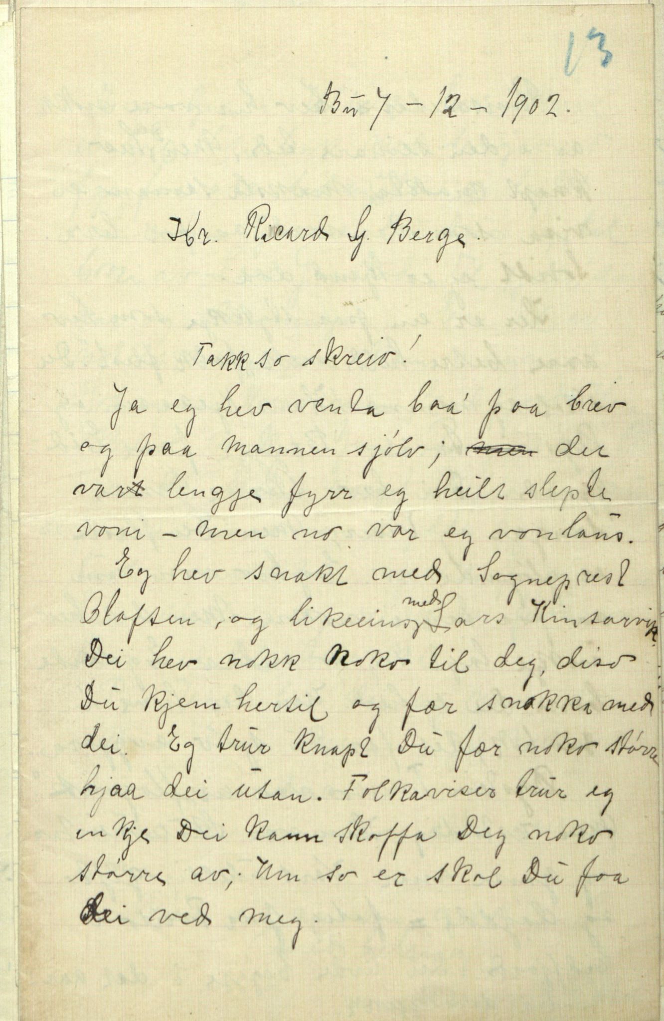 Rikard Berge, TEMU/TGM-A-1003/F/L0009/0003: 341-356 / 343 Mest brev, litt tradisjon, 1902-1925, p. 13