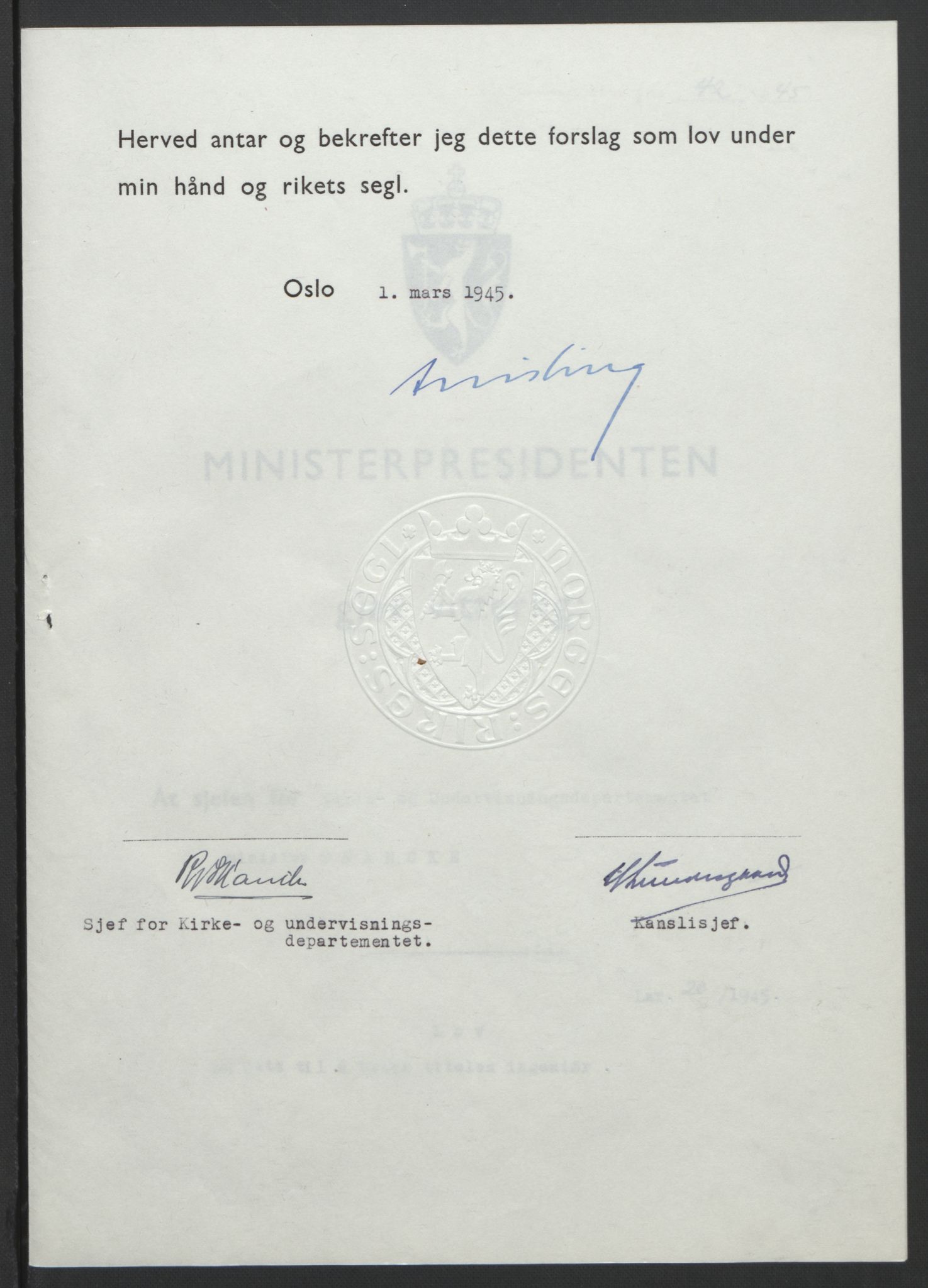 NS-administrasjonen 1940-1945 (Statsrådsekretariatet, de kommisariske statsråder mm), RA/S-4279/D/Db/L0101/0001: -- / Lover og vedtak, 1945, p. 80