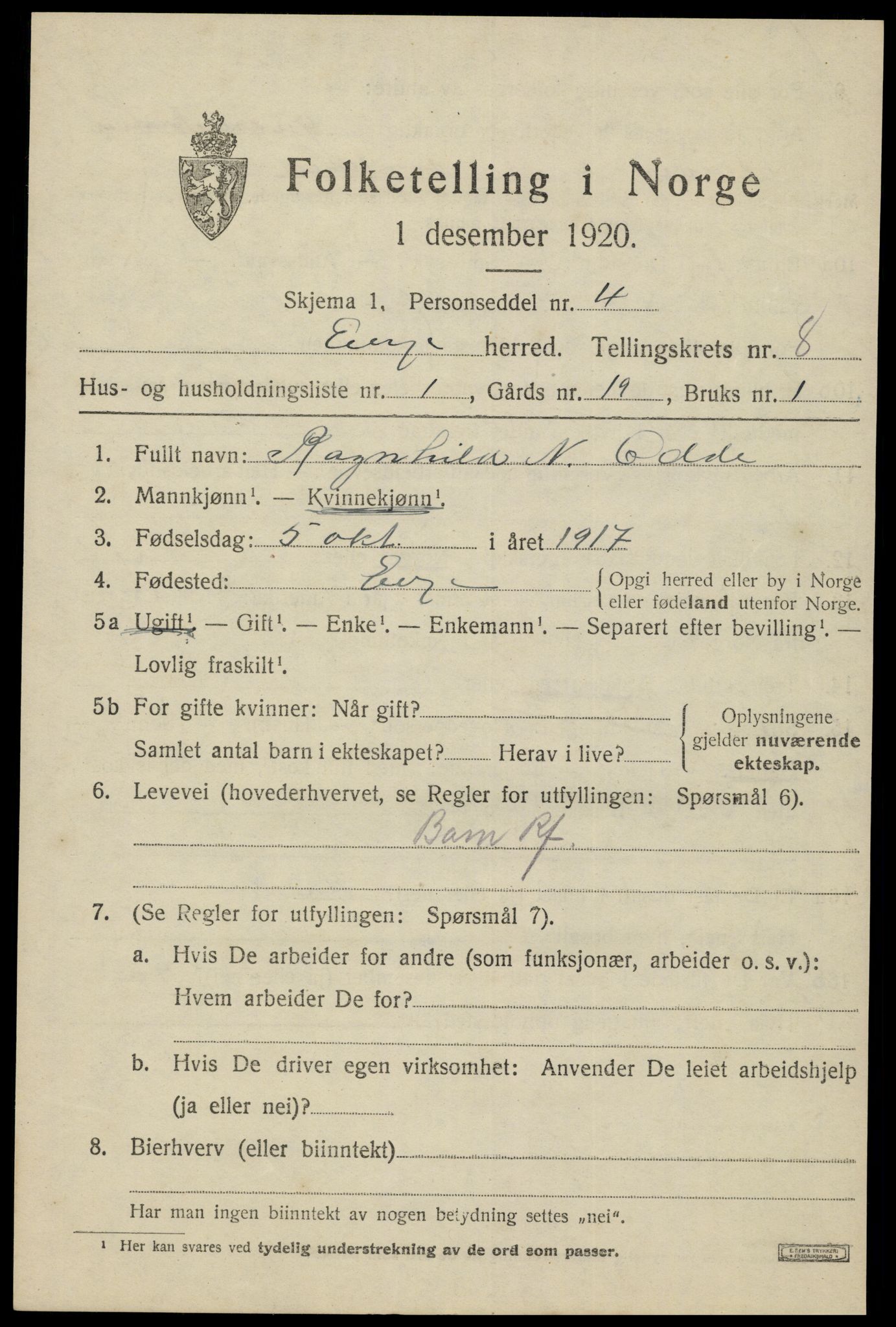 SAK, 1920 census for Evje, 1920, p. 2850