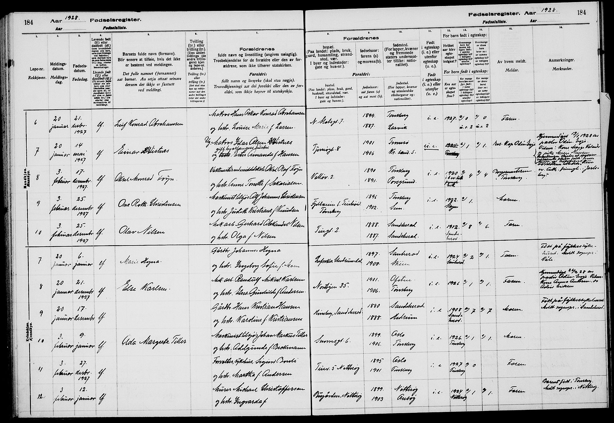 Tønsberg kirkebøker, AV/SAKO-A-330/J/Ja/L0002: Birth register no. 2, 1922-1928, p. 184