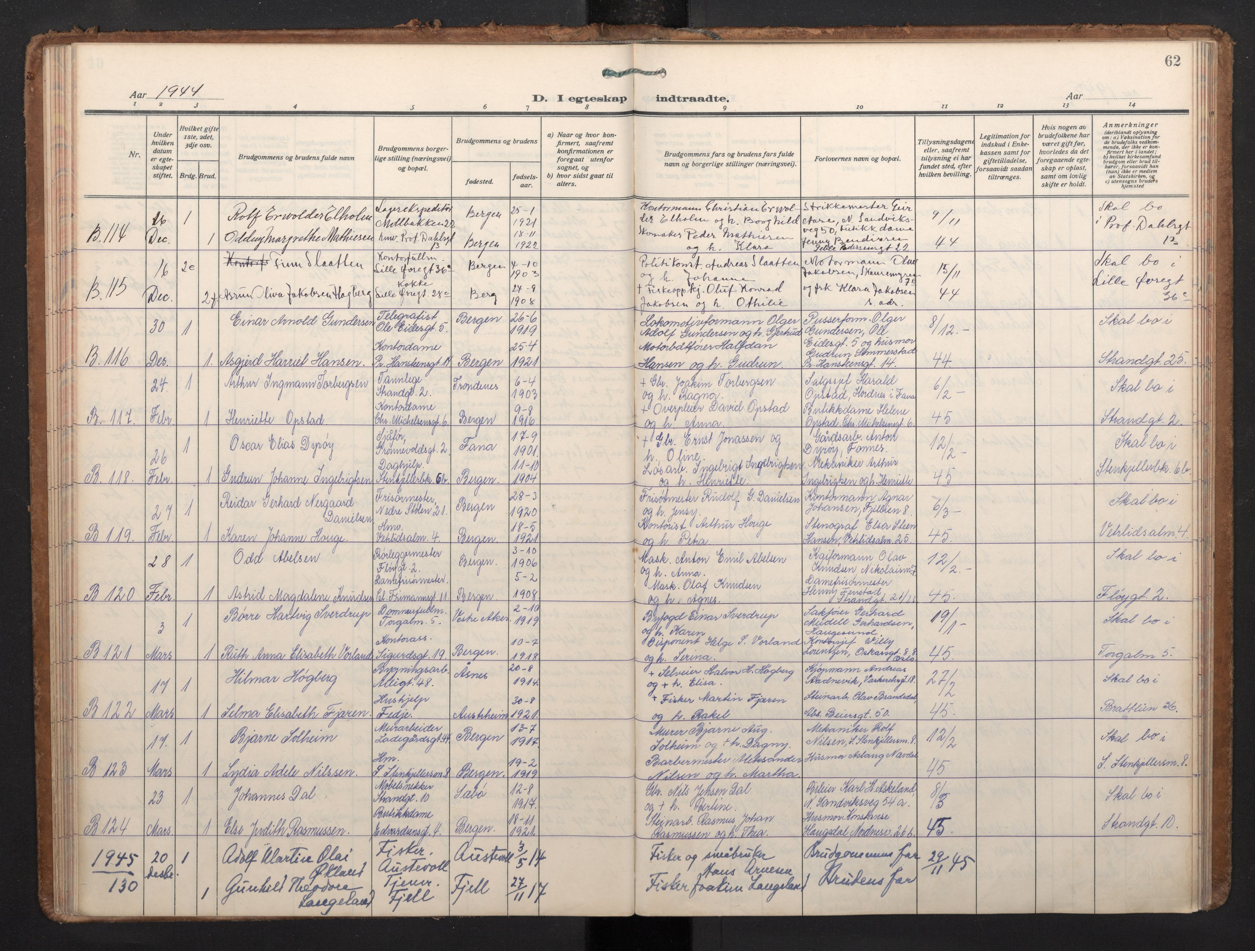 Korskirken sokneprestembete, SAB/A-76101/H/Haa/L0040: Parish register (official) no. D 7, 1938-1952, p. 61b-62a