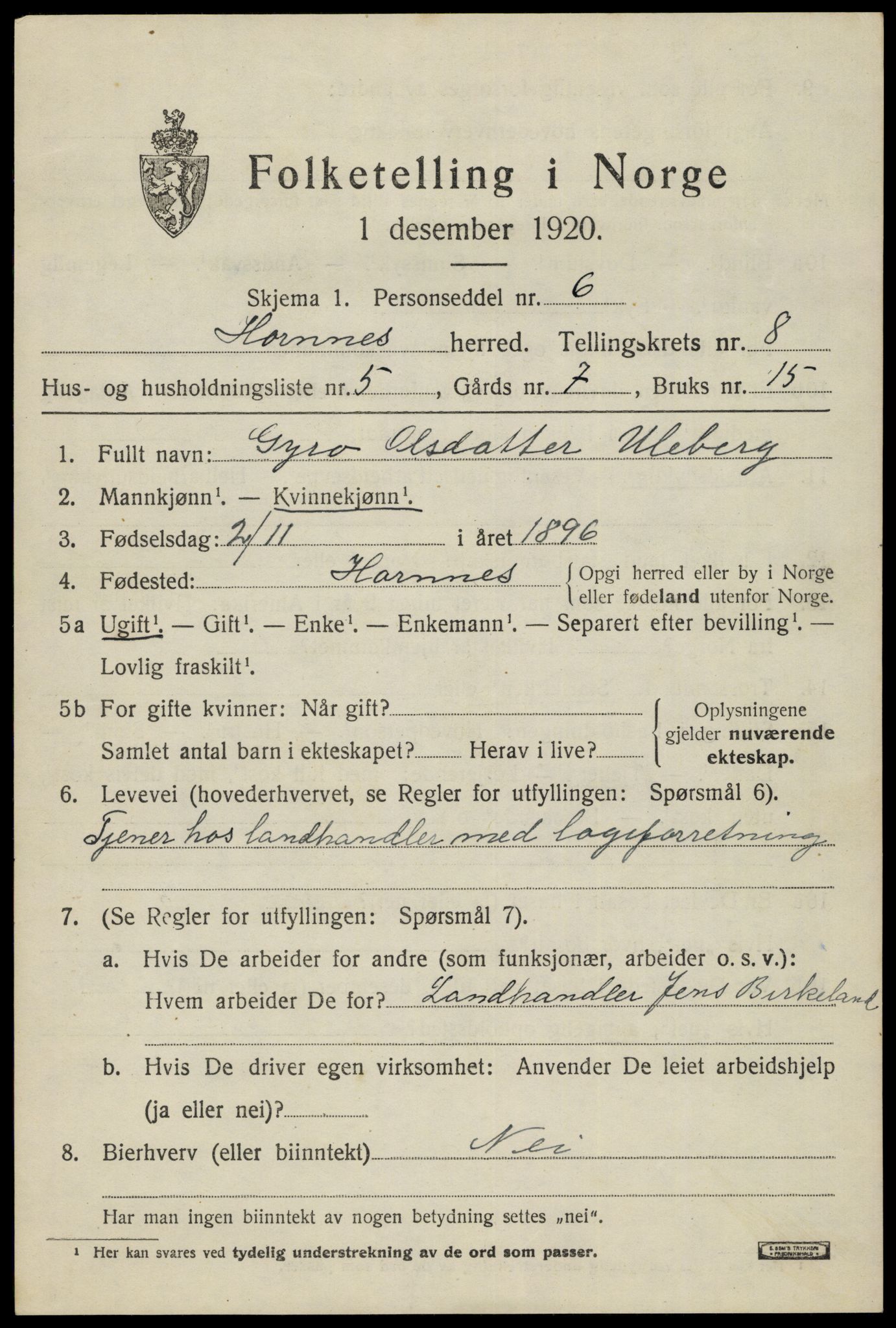 SAK, 1920 census for Hornnes, 1920, p. 1841