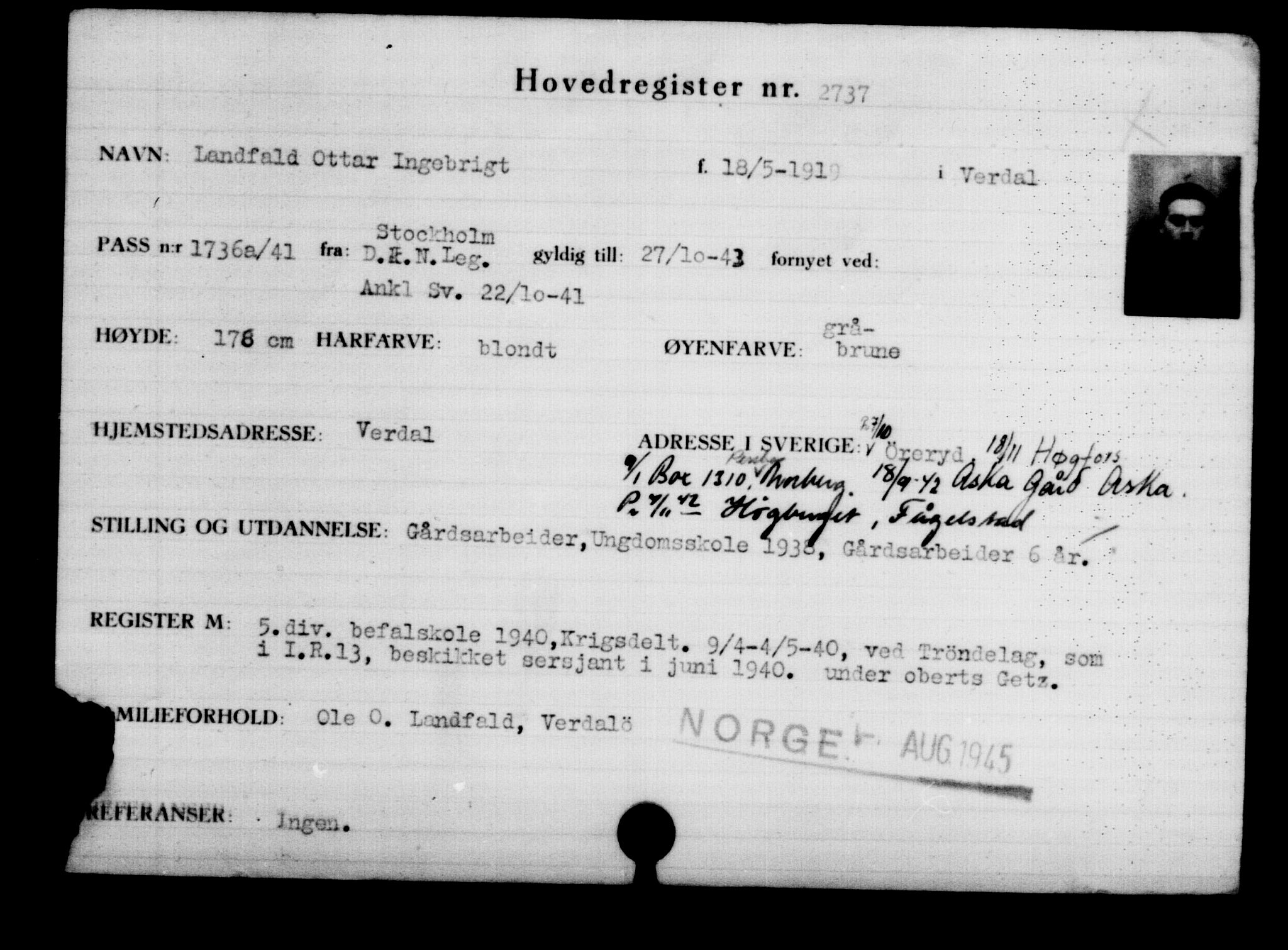 Utenriksstasjonene, Legasjonen i Stockholm, Flyktningkontoret, AV/RA-S-6753/V/Va/L0003: Kjesäterkartoteket, flyktninger med registreringsnr. 2001-3495, 1940-1945, p. 1122