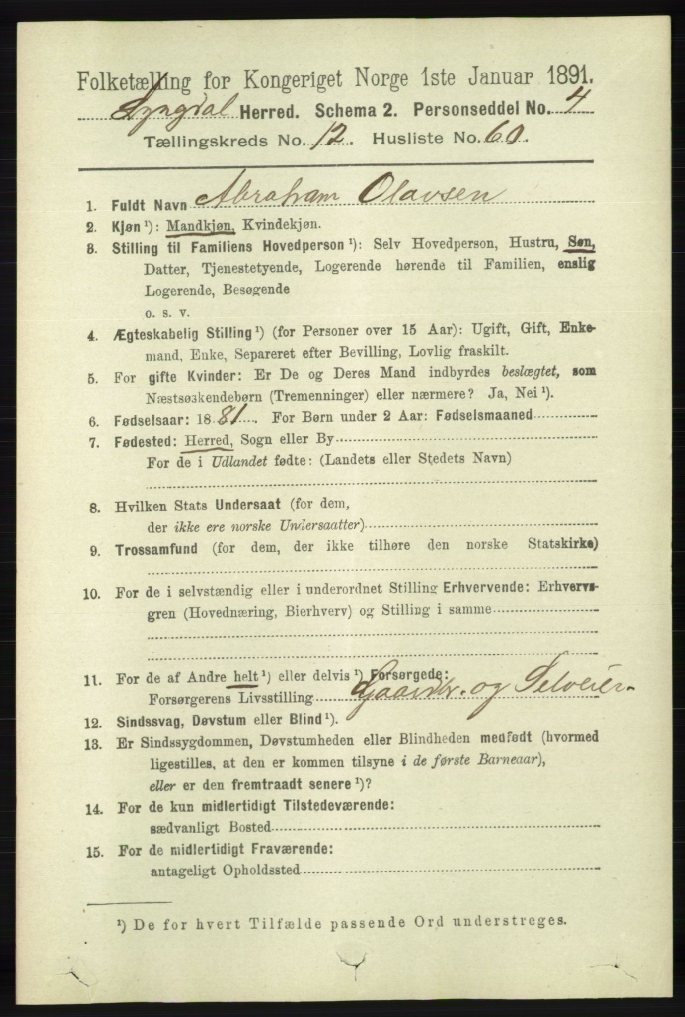 RA, 1891 census for 1032 Lyngdal, 1891, p. 5551