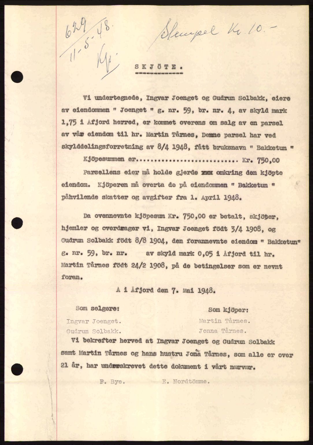 Fosen sorenskriveri, AV/SAT-A-1107/1/2/2C: Mortgage book no. A8, 1948-1948, Diary no: : 629/1948