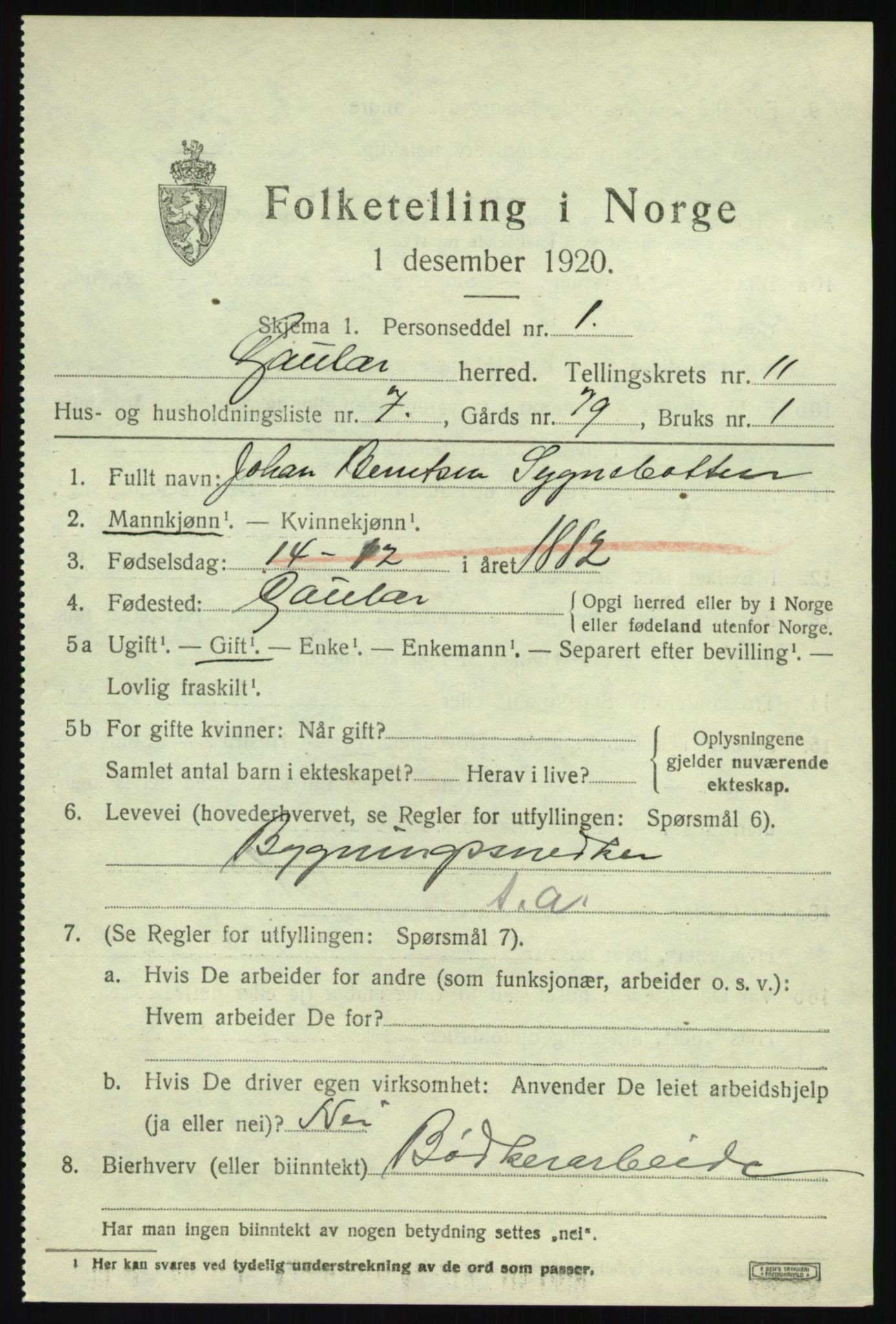 SAB, 1920 census for Gaular, 1920, p. 5210