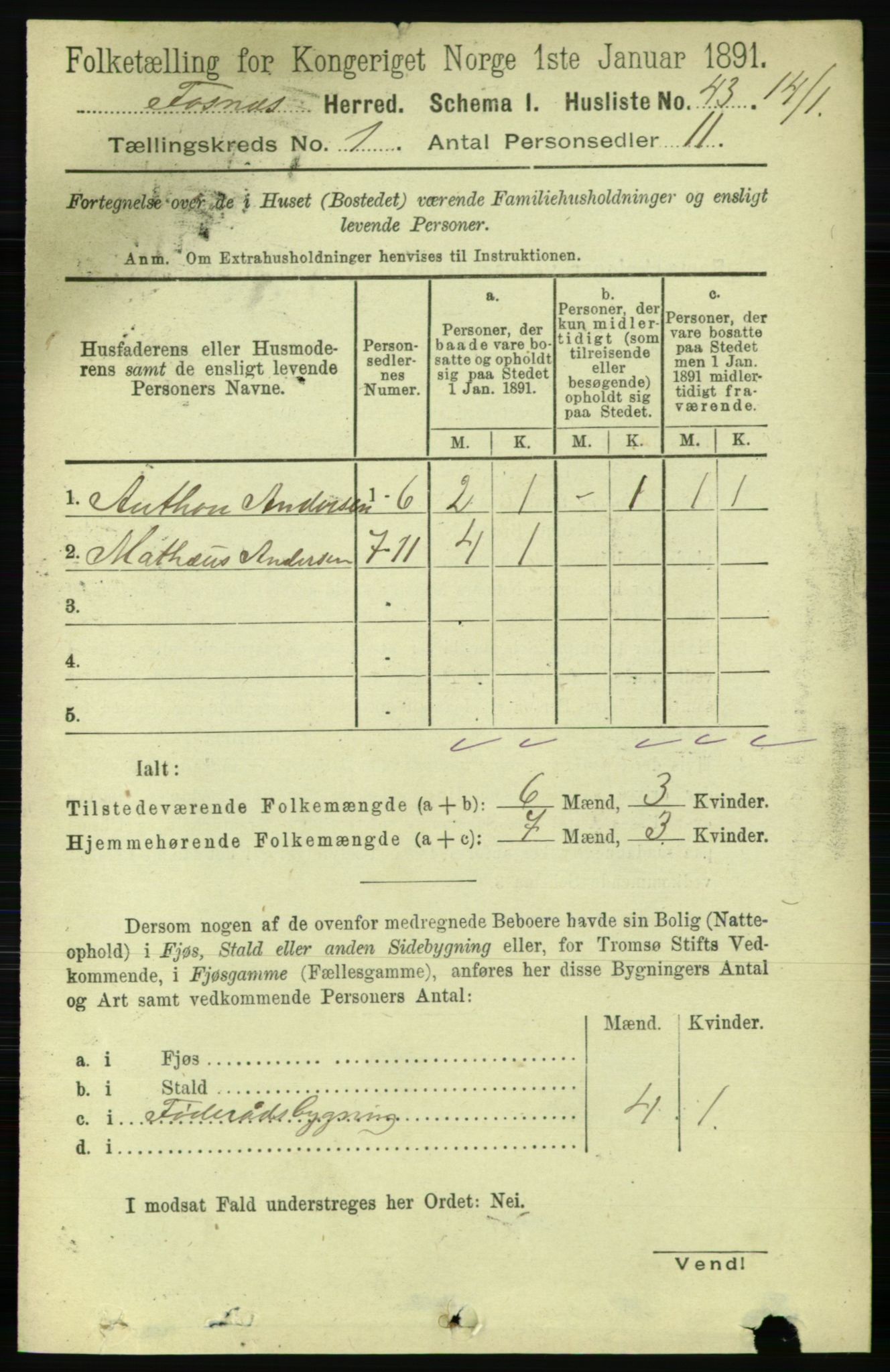 RA, 1891 census for 1748 Fosnes, 1891, p. 66