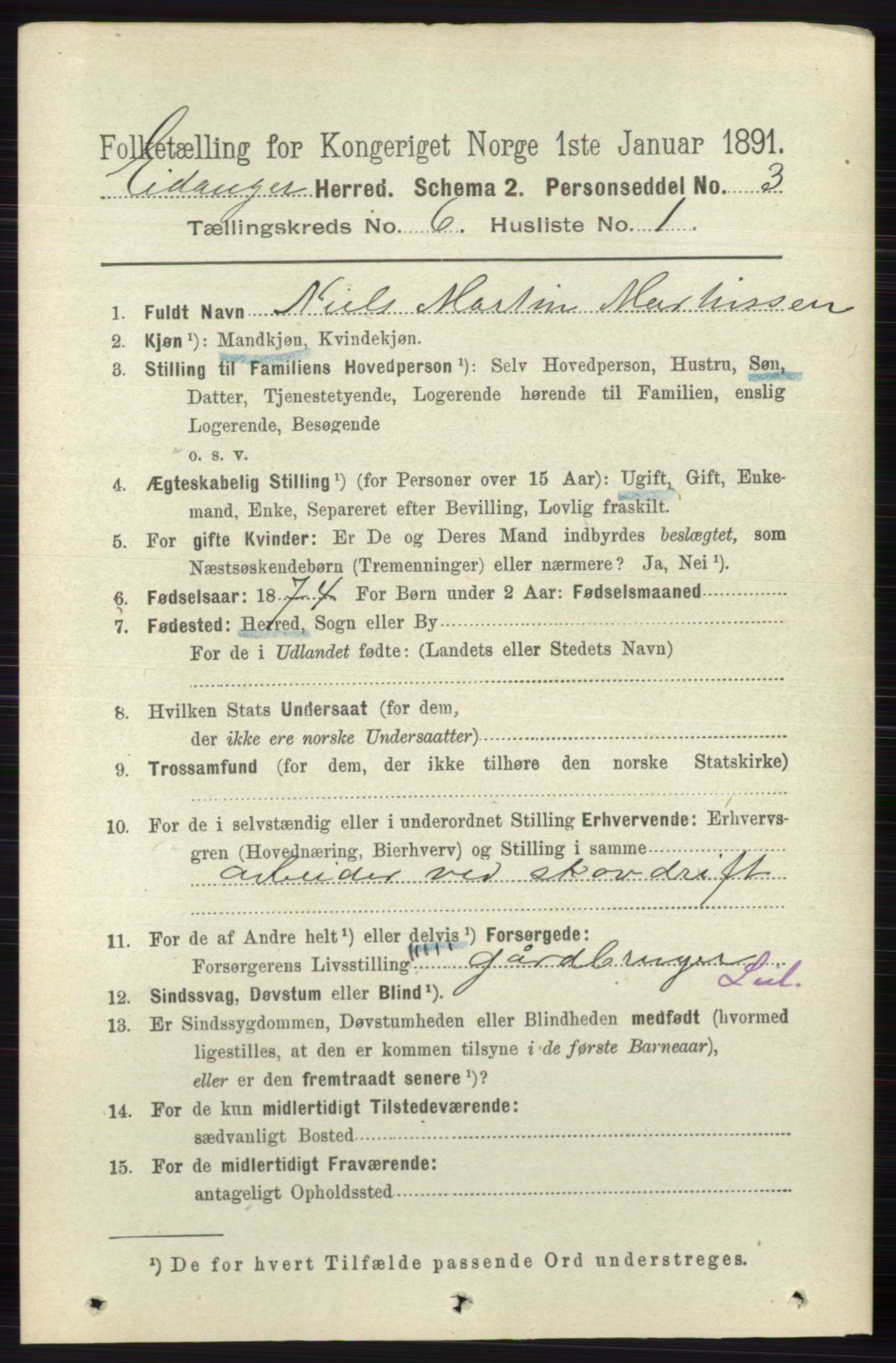 RA, 1891 census for 0813 Eidanger, 1891, p. 2570