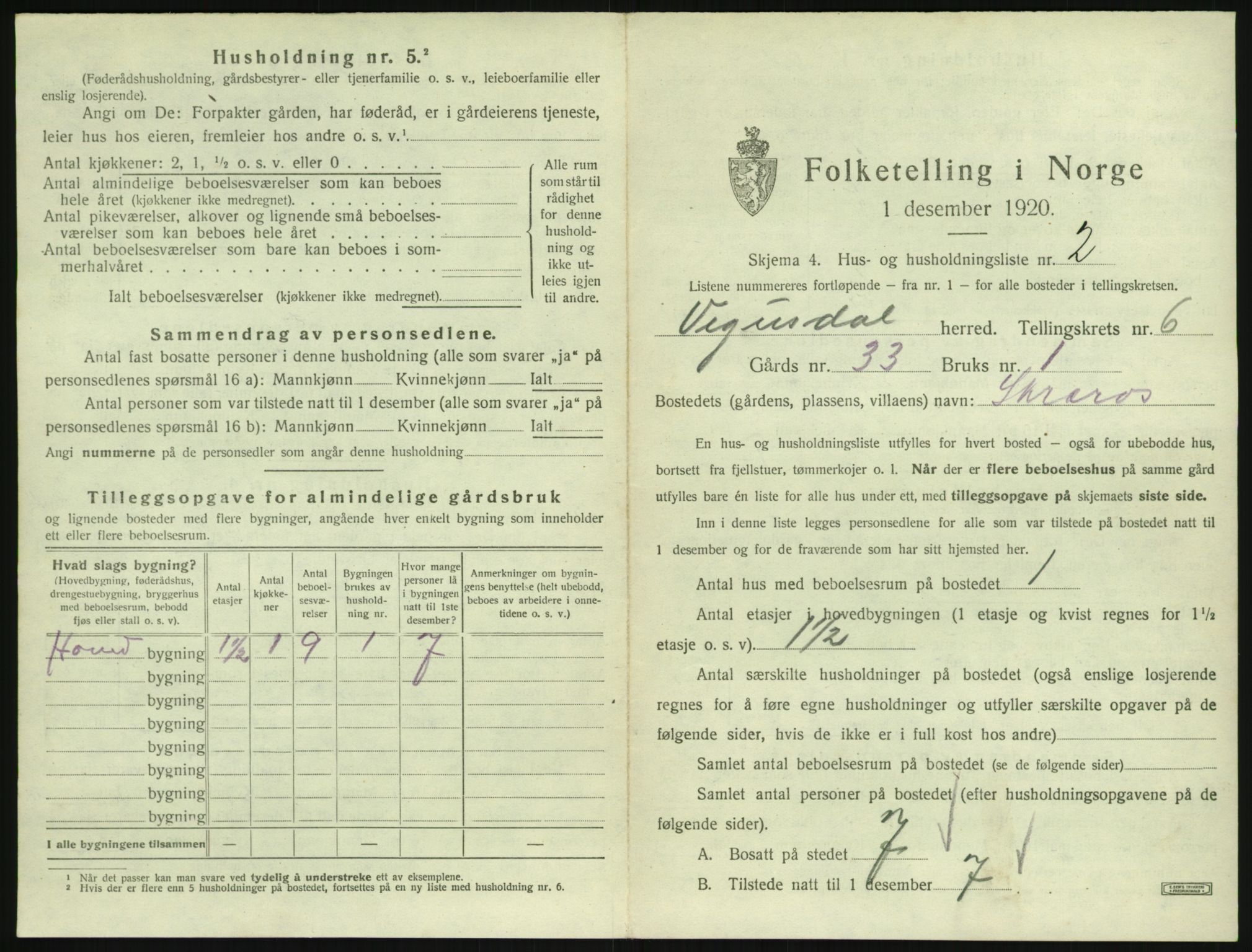 SAK, 1920 census for Vegusdal, 1920, p. 239