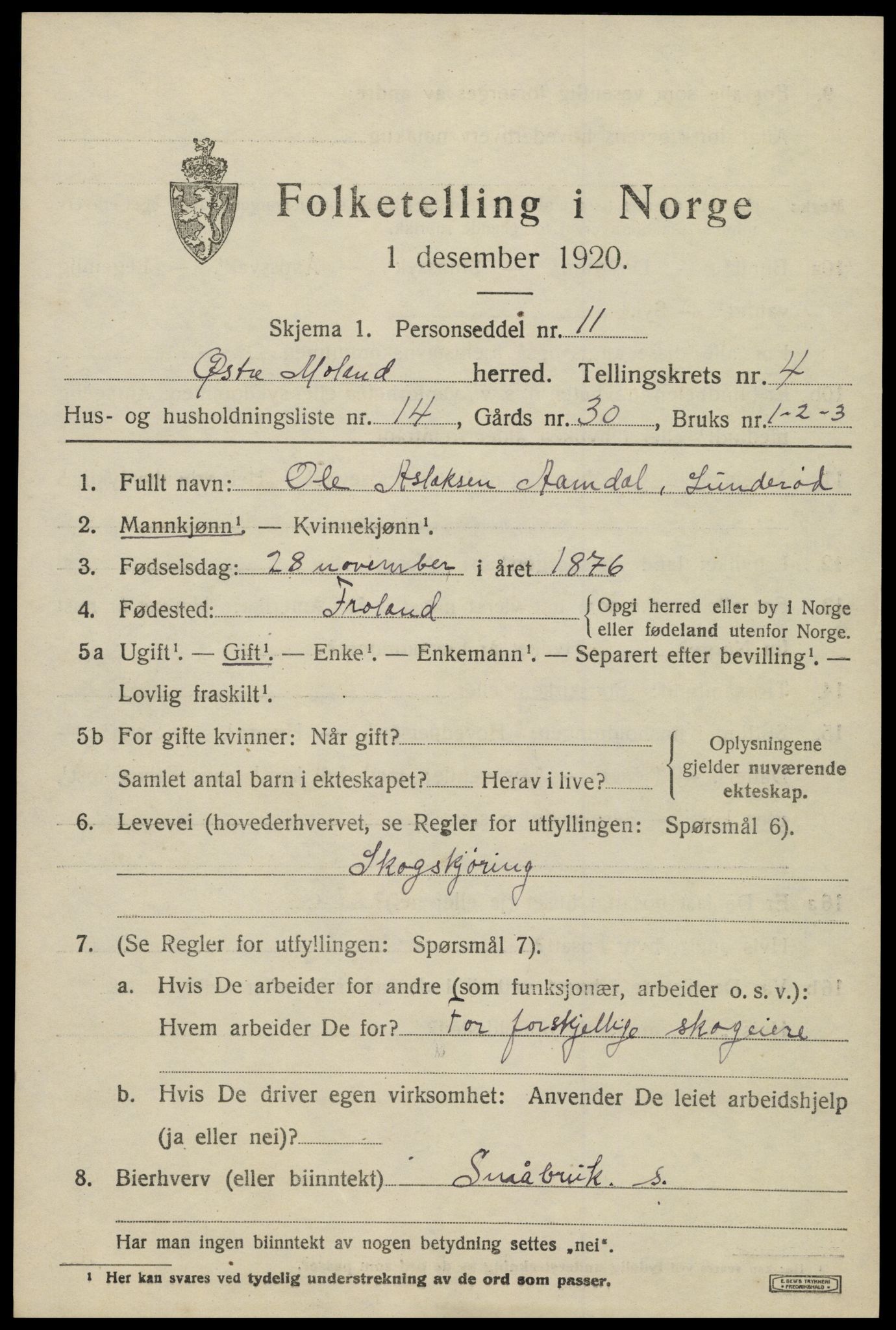 SAK, 1920 census for Austre Moland, 1920, p. 2211