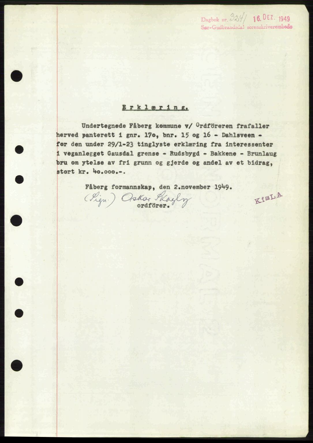 Sør-Gudbrandsdal tingrett, SAH/TING-004/H/Hb/Hbf/L0004: Mortgage book no. C5b, 1945-1951, Diary no: : 3241/1949
