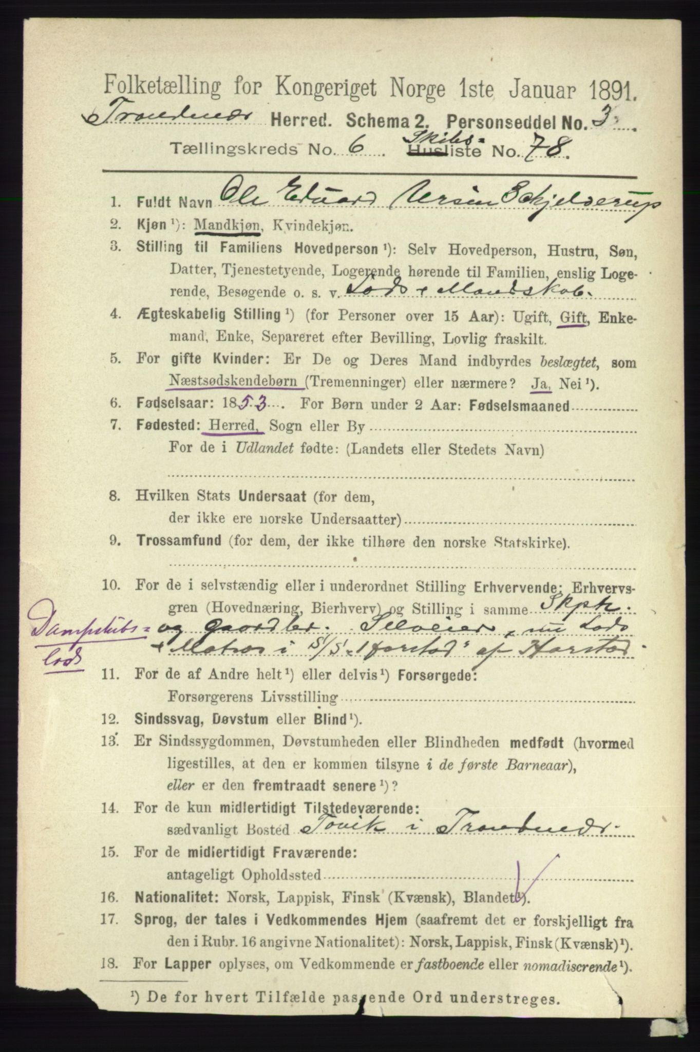 RA, 1891 census for 1914 Trondenes, 1891, p. 4321