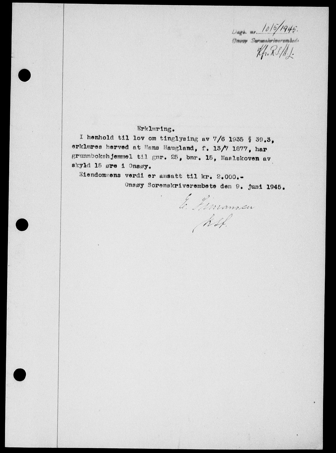 Onsøy sorenskriveri, SAO/A-10474/G/Ga/Gab/L0014: Mortgage book no. II A-14, 1944-1945, Diary no: : 1015/1945