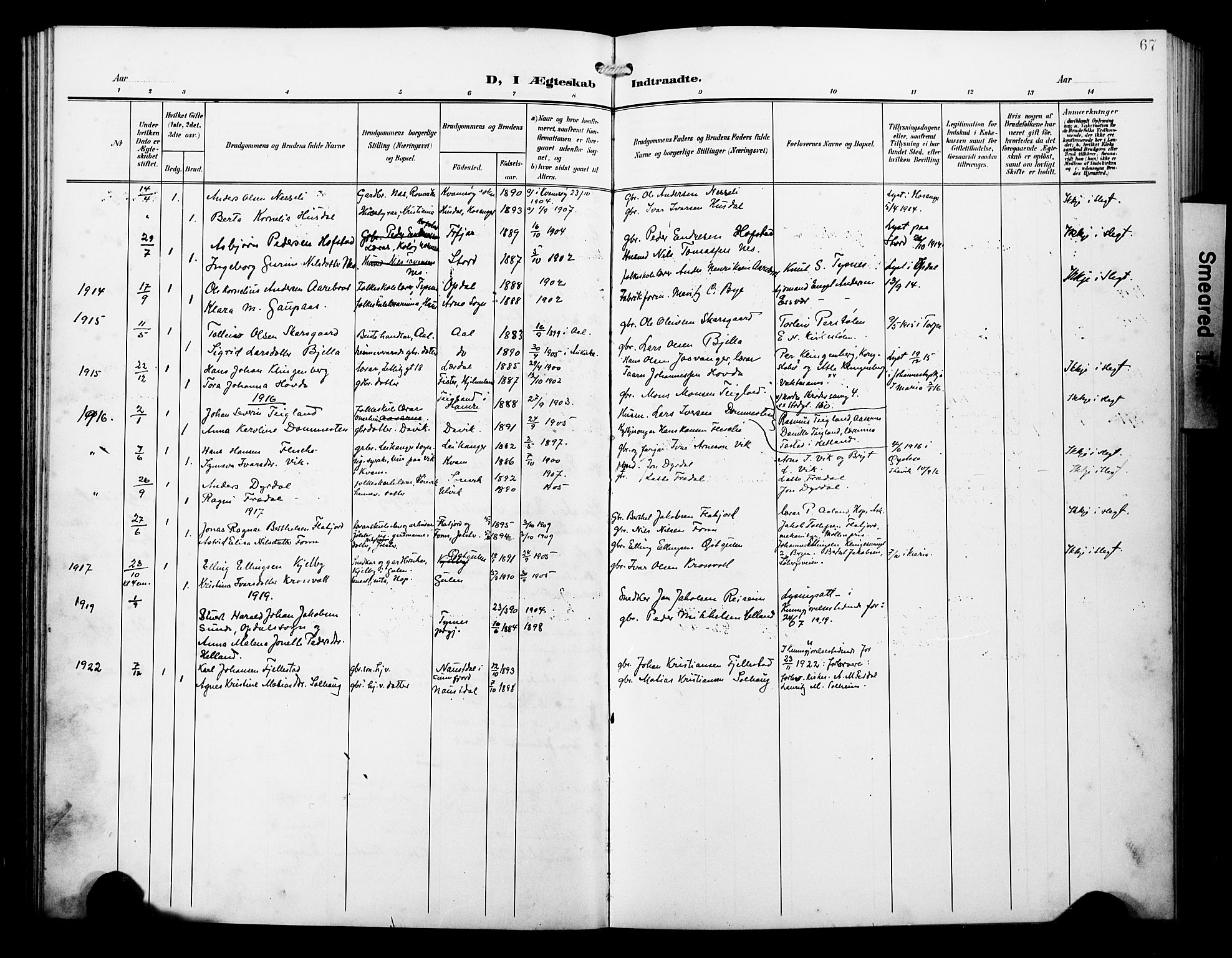 Arkivreferanse mangler*, SAB/-: Parish register (official) no. A 1, 1907-1928, p. 67