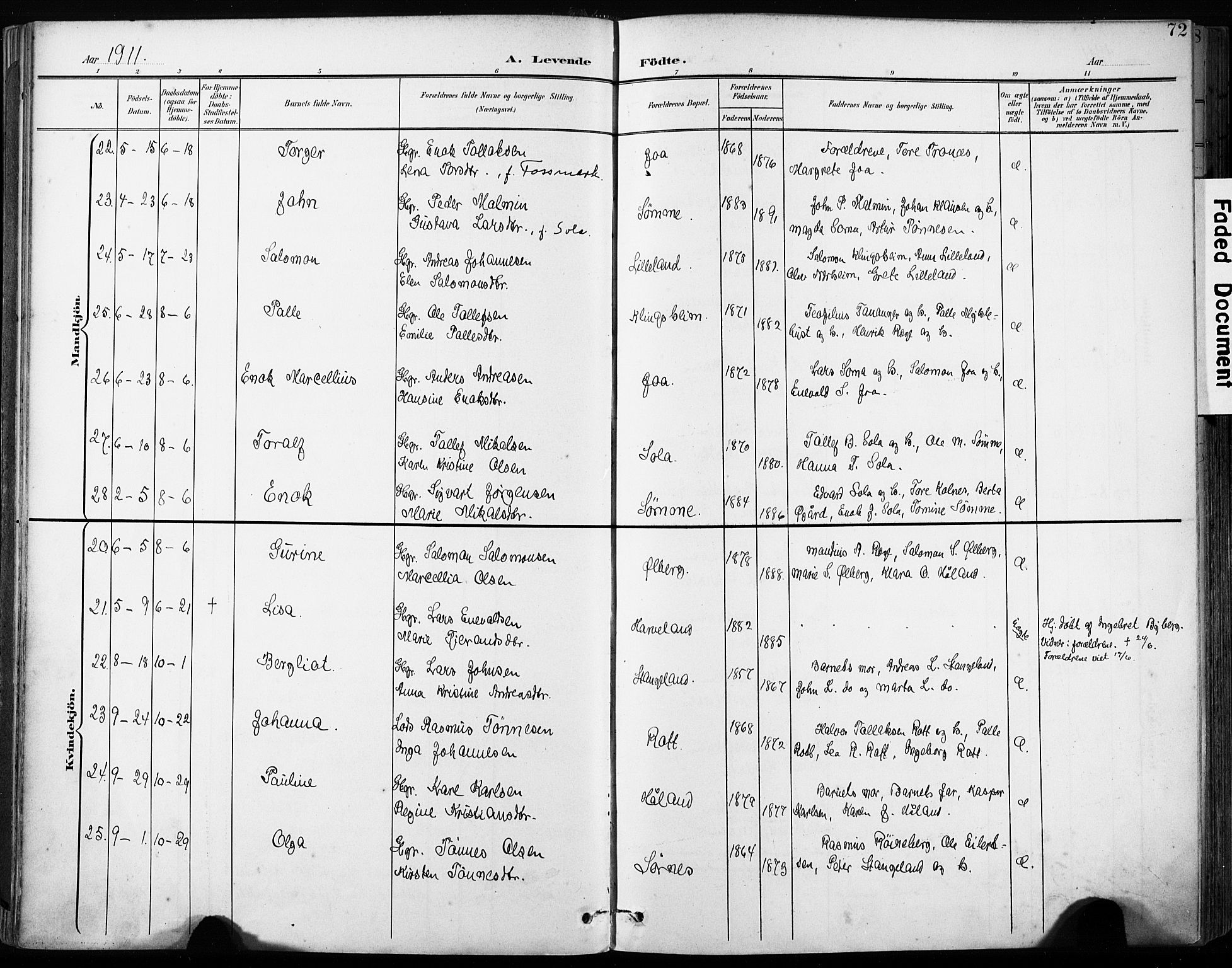 Håland sokneprestkontor, AV/SAST-A-101802/001/30BA/L0013: Parish register (official) no. A 12, 1901-1913, p. 72