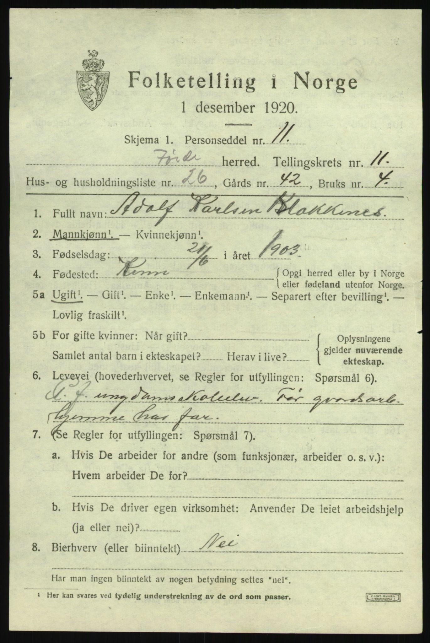 SAB, 1920 census for Førde, 1920, p. 4266