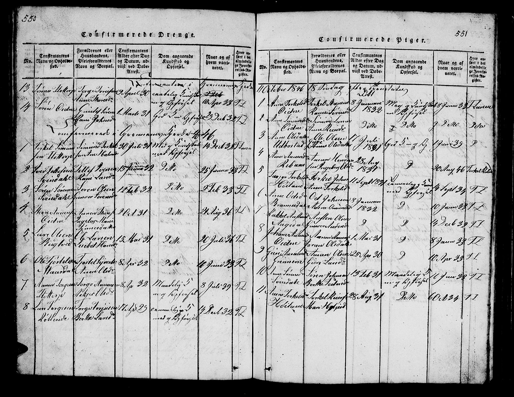 Bjelland sokneprestkontor, SAK/1111-0005/F/Fb/Fbc/L0001: Parish register (copy) no. B 1, 1815-1870, p. 550-551
