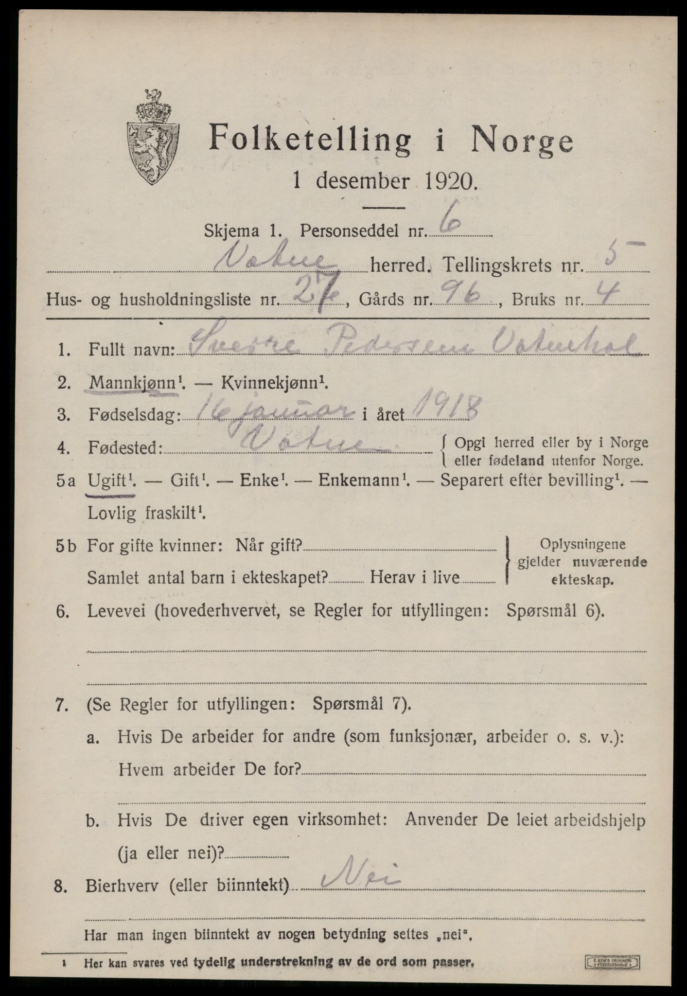 SAT, 1920 census for Vatne, 1920, p. 2552