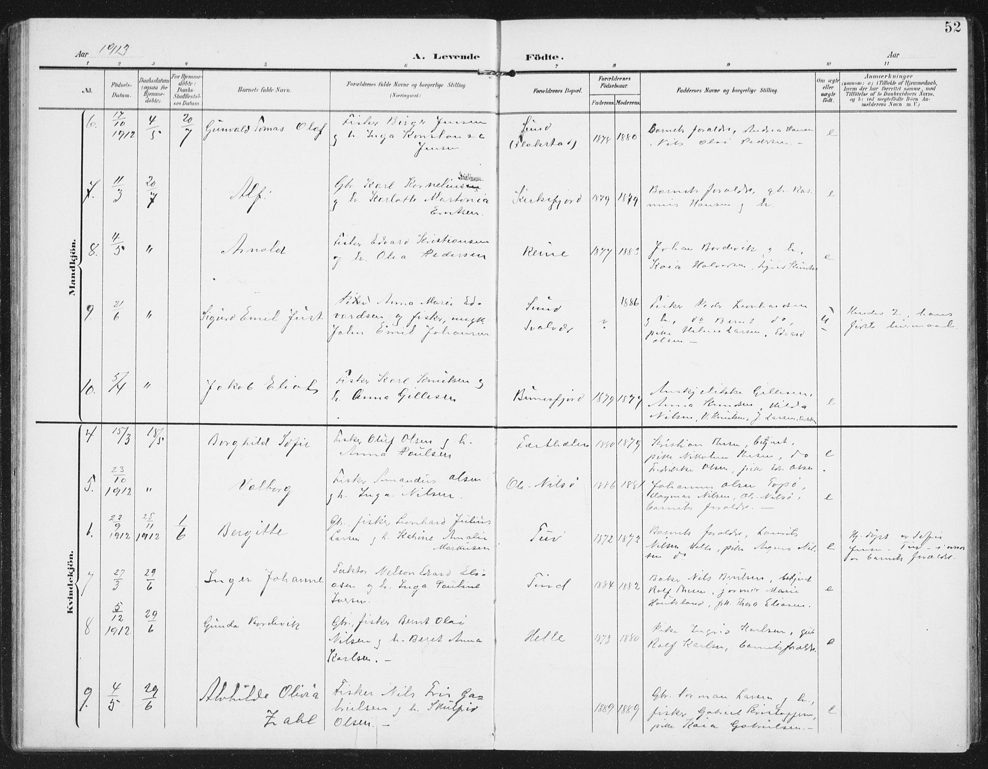 Ministerialprotokoller, klokkerbøker og fødselsregistre - Nordland, AV/SAT-A-1459/886/L1221: Parish register (official) no. 886A03, 1903-1913, p. 52