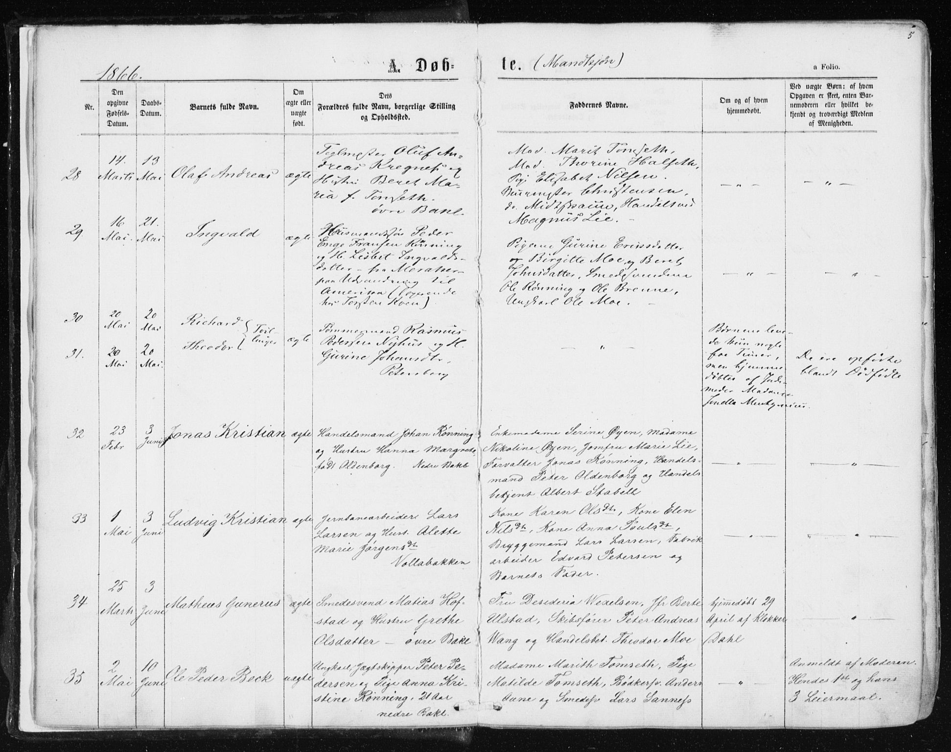 Ministerialprotokoller, klokkerbøker og fødselsregistre - Sør-Trøndelag, AV/SAT-A-1456/604/L0186: Parish register (official) no. 604A07, 1866-1877, p. 5