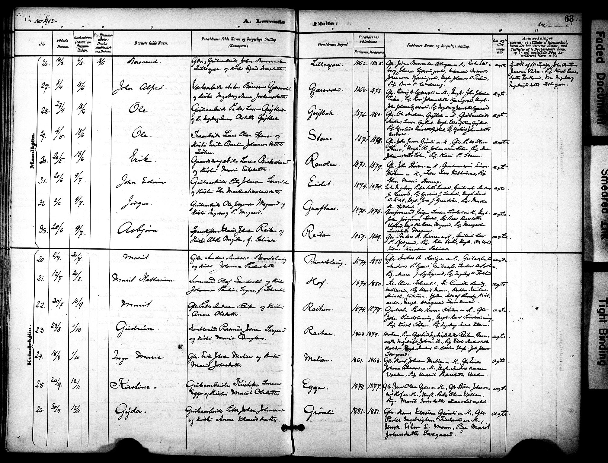 Ministerialprotokoller, klokkerbøker og fødselsregistre - Sør-Trøndelag, SAT/A-1456/686/L0984: Parish register (official) no. 686A02, 1891-1906, p. 63