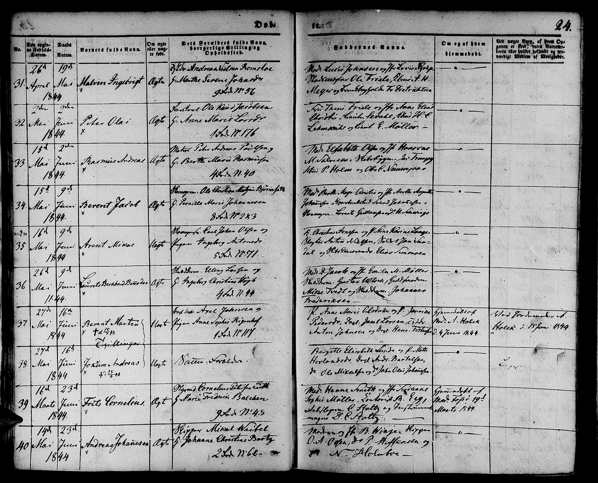 Nykirken Sokneprestembete, SAB/A-77101/H/Hab: Parish register (copy) no. B 1, 1842-1858, p. 24