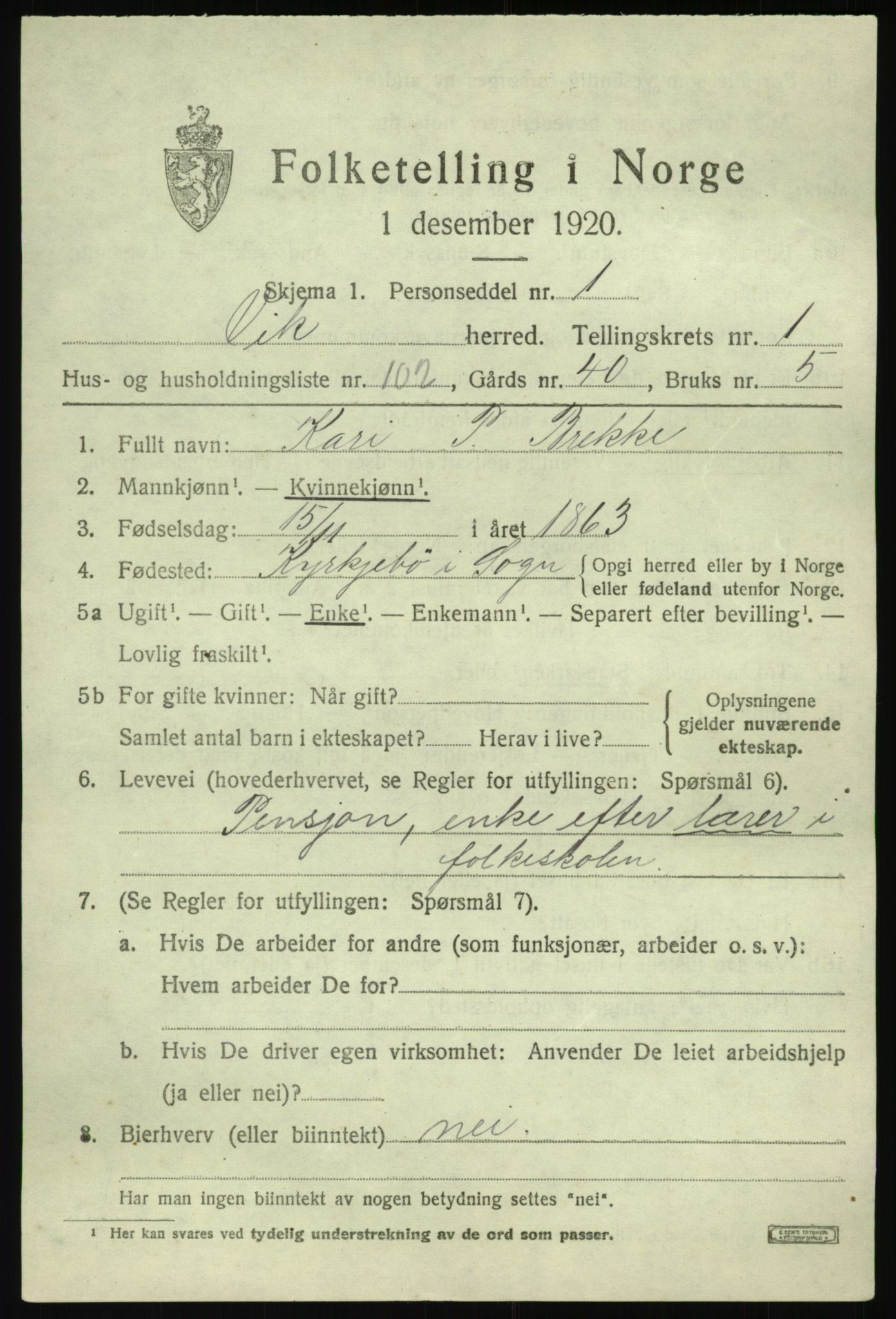 SAB, 1920 census for Vik, 1920, p. 2085