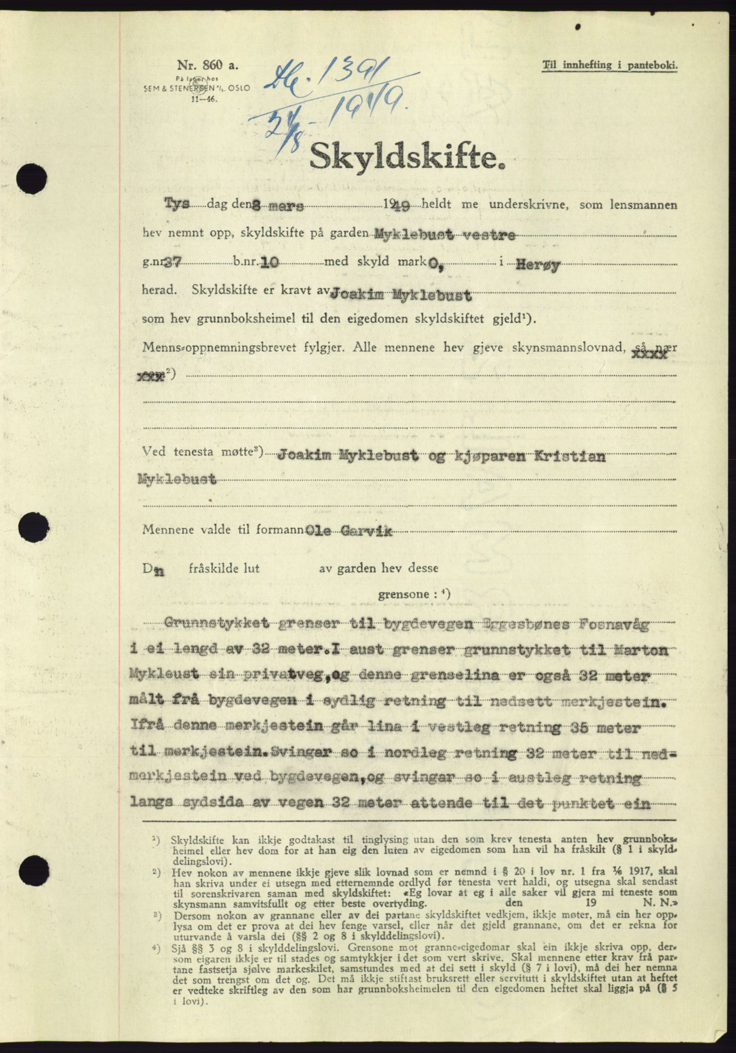 Søre Sunnmøre sorenskriveri, AV/SAT-A-4122/1/2/2C/L0085: Mortgage book no. 11A, 1949-1949, Diary no: : 1391/1949