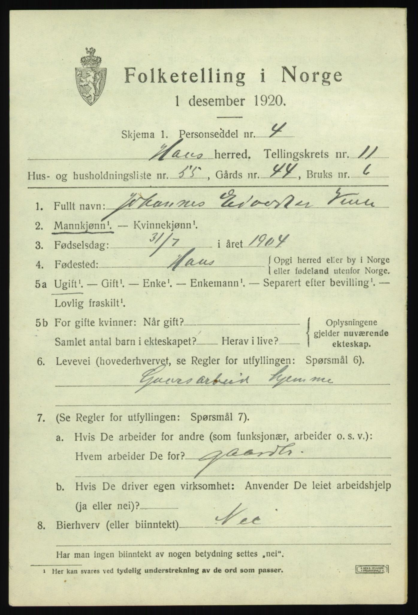 SAB, 1920 census for Haus, 1920, p. 7387