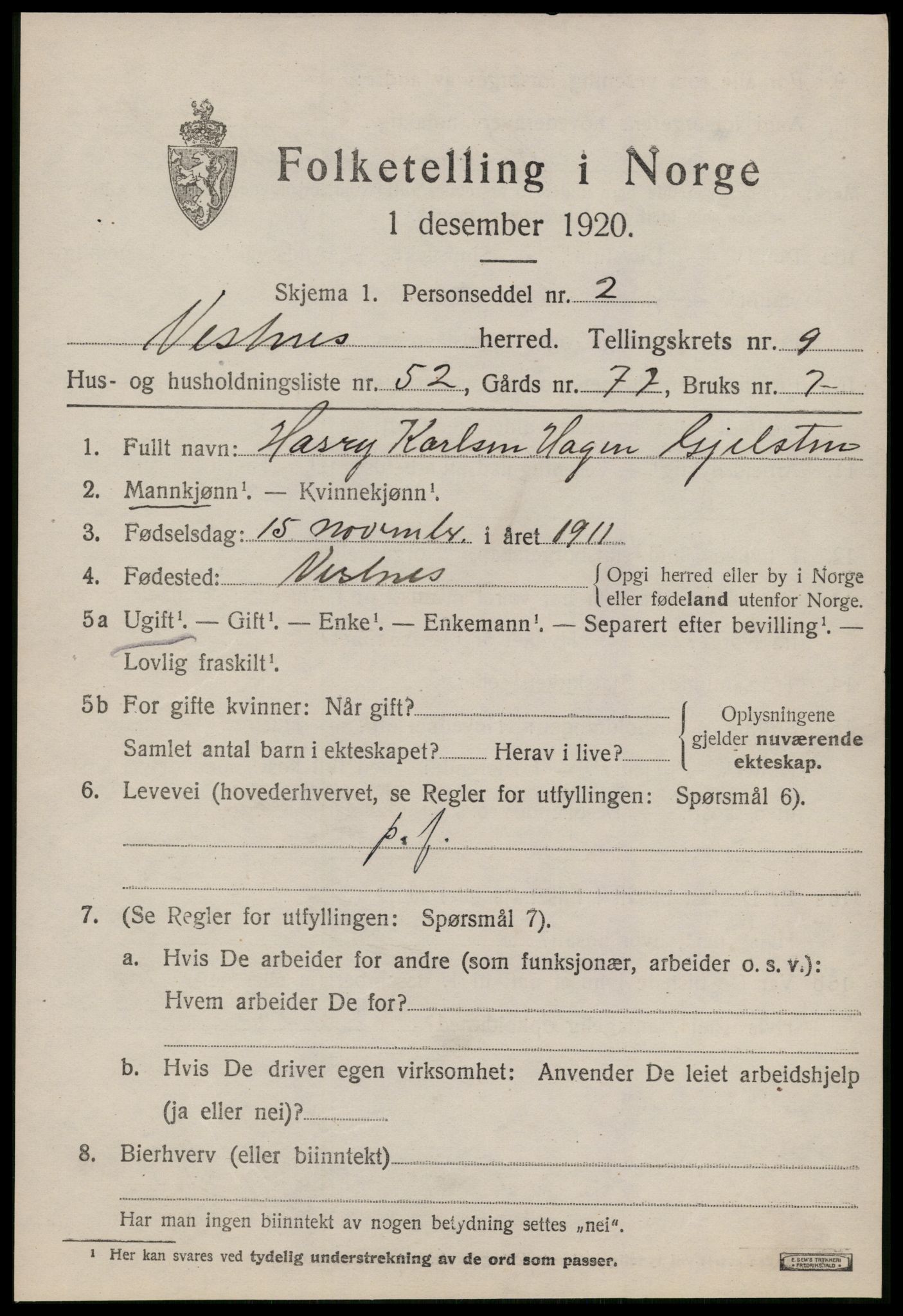 SAT, 1920 census for Vestnes, 1920, p. 6487