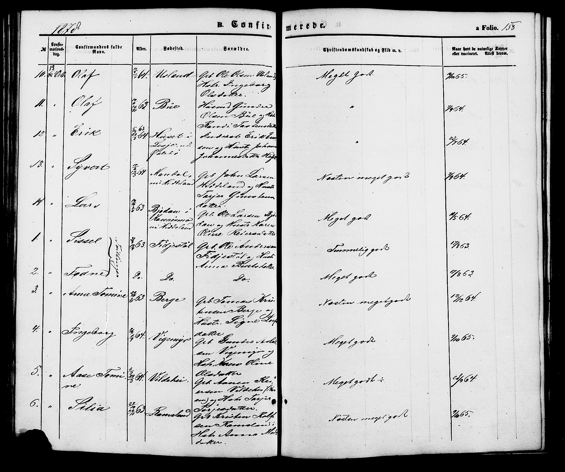 Holum sokneprestkontor, AV/SAK-1111-0022/F/Fa/Fac/L0003: Parish register (official) no. A 3, 1860-1883, p. 158