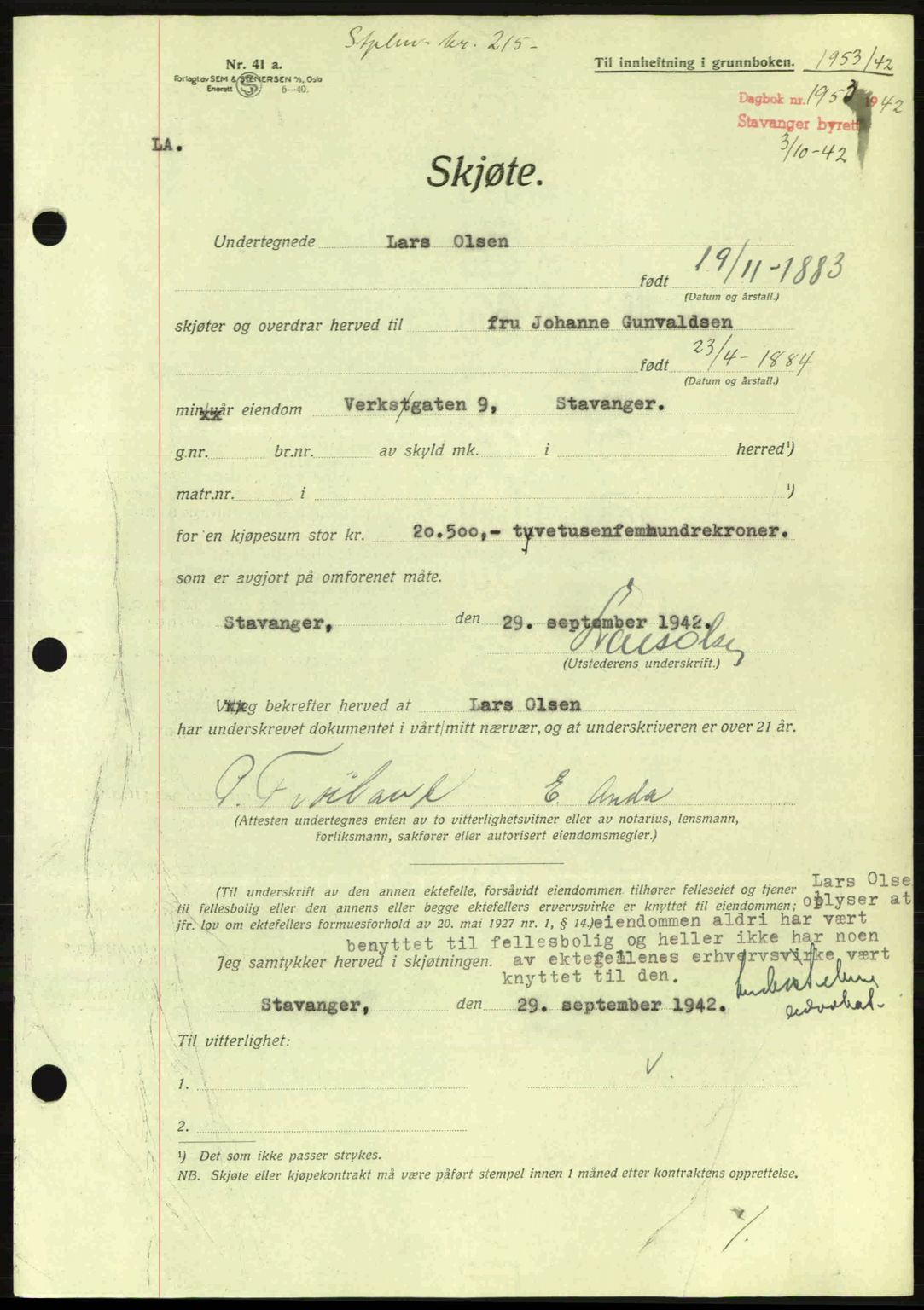 Stavanger byrett, SAST/A-100455/002/G/Gb/L0017: Mortgage book no. A7, 1941-1943, Diary no: : 1953/1942