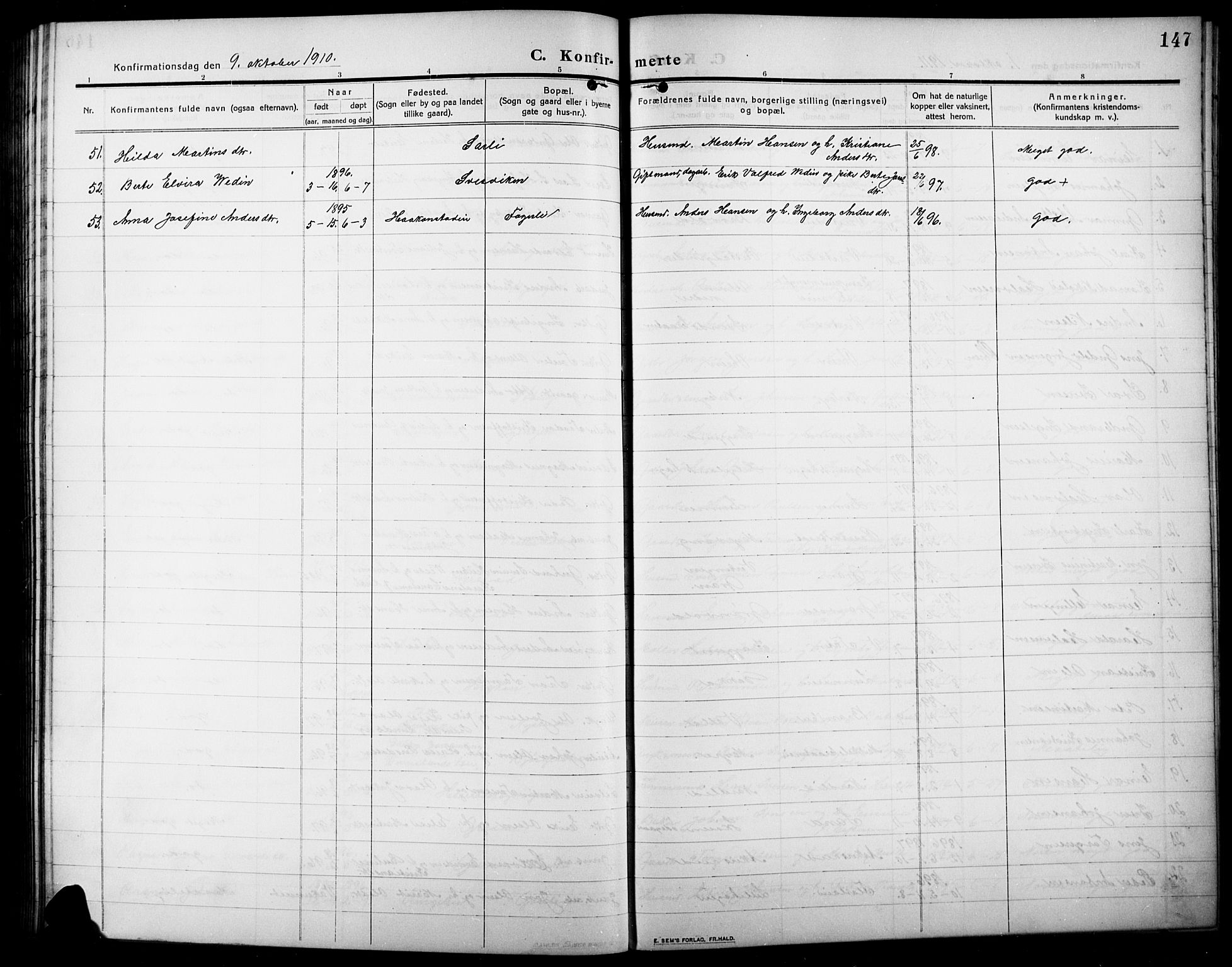 Lunner prestekontor, SAH/PREST-118/H/Ha/Hab/L0001: Parish register (copy) no. 1, 1909-1922, p. 147