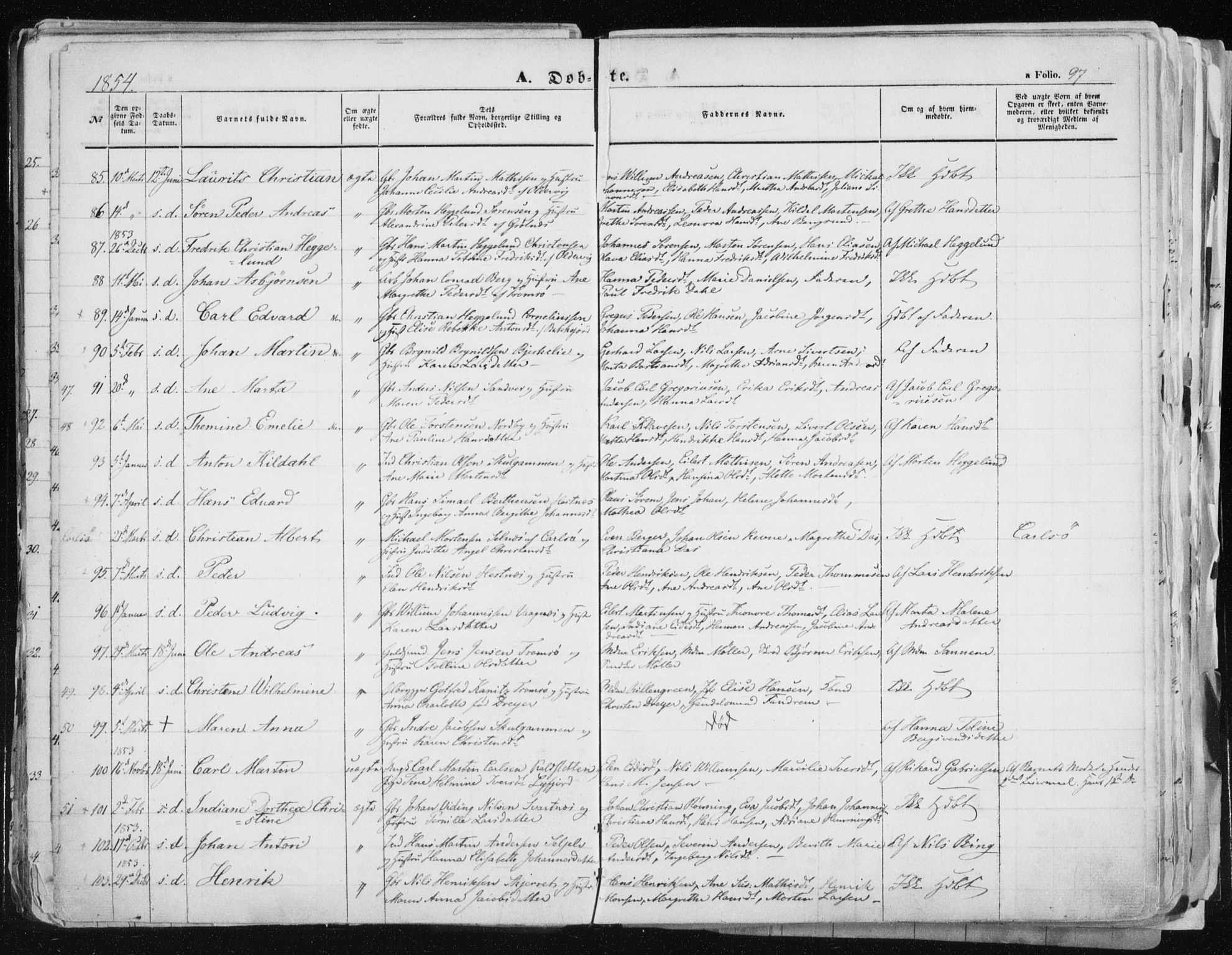 Tromsø sokneprestkontor/stiftsprosti/domprosti, AV/SATØ-S-1343/G/Ga/L0010kirke: Parish register (official) no. 10, 1848-1855, p. 97