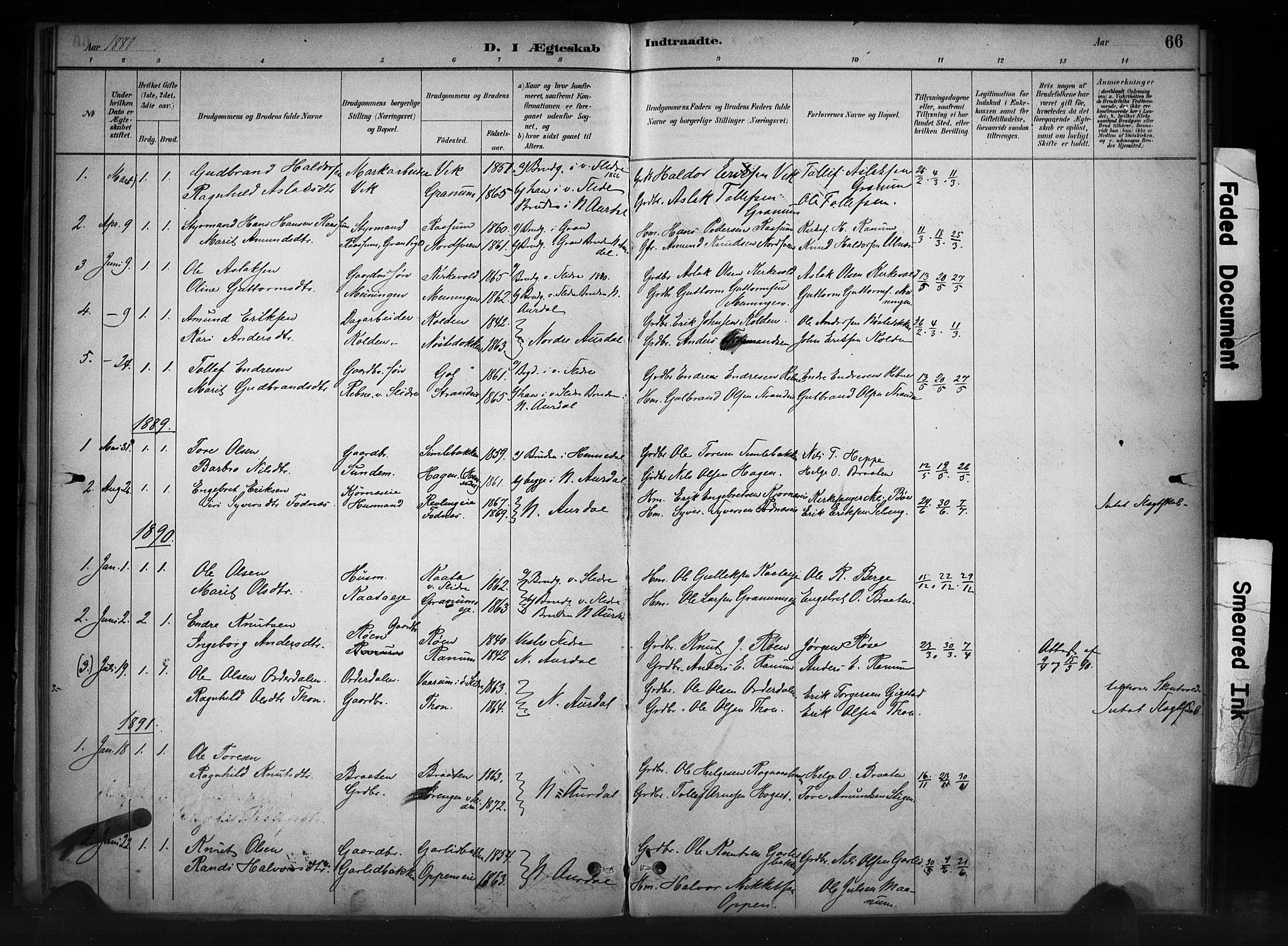 Nord-Aurdal prestekontor, SAH/PREST-132/H/Ha/Haa/L0011: Parish register (official) no. 11, 1883-1896, p. 66