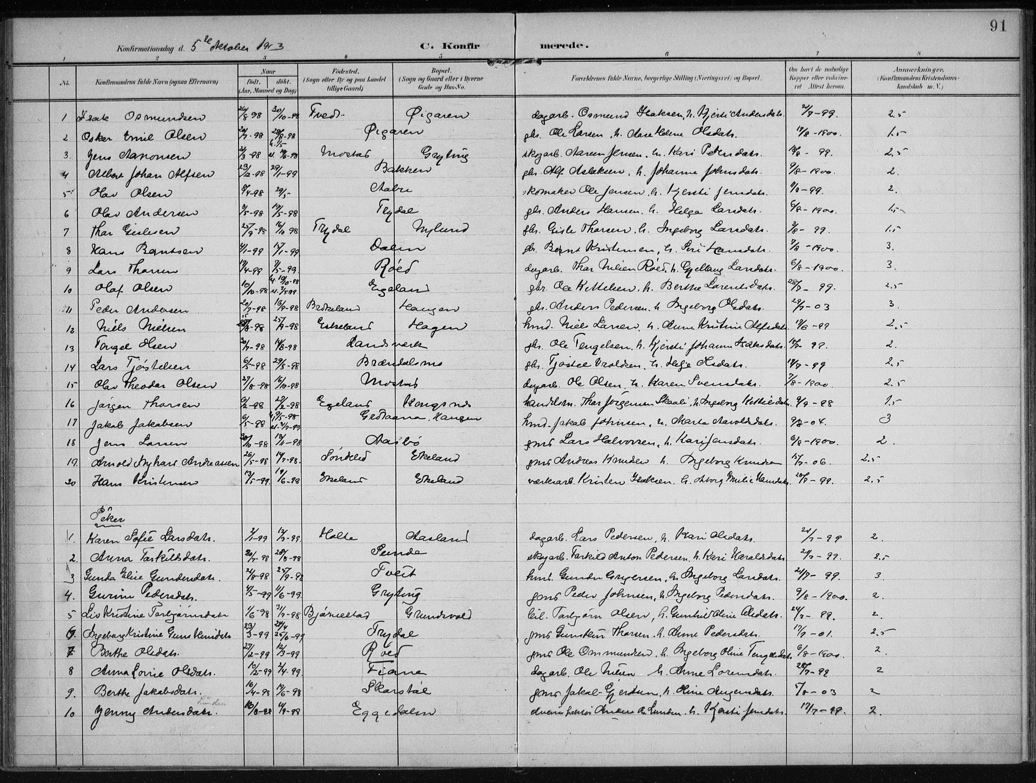 Gjerstad sokneprestkontor, AV/SAK-1111-0014/F/Fa/Faa/L0011: Parish register (official) no. A 11, 1903-1914, p. 91