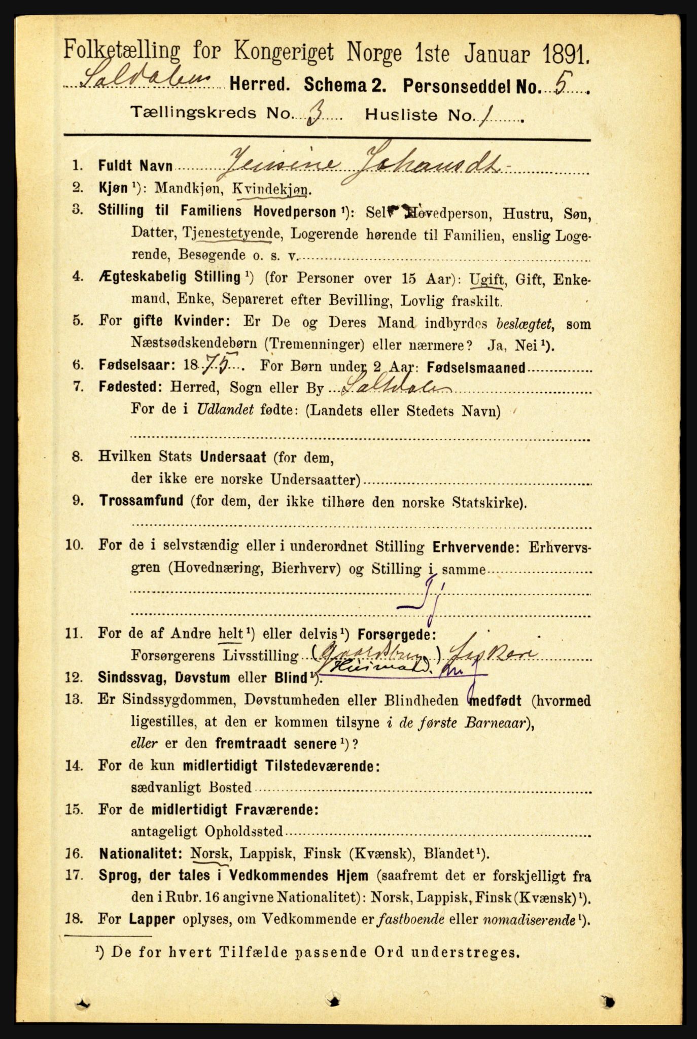 RA, 1891 census for 1840 Saltdal, 1891, p. 1663