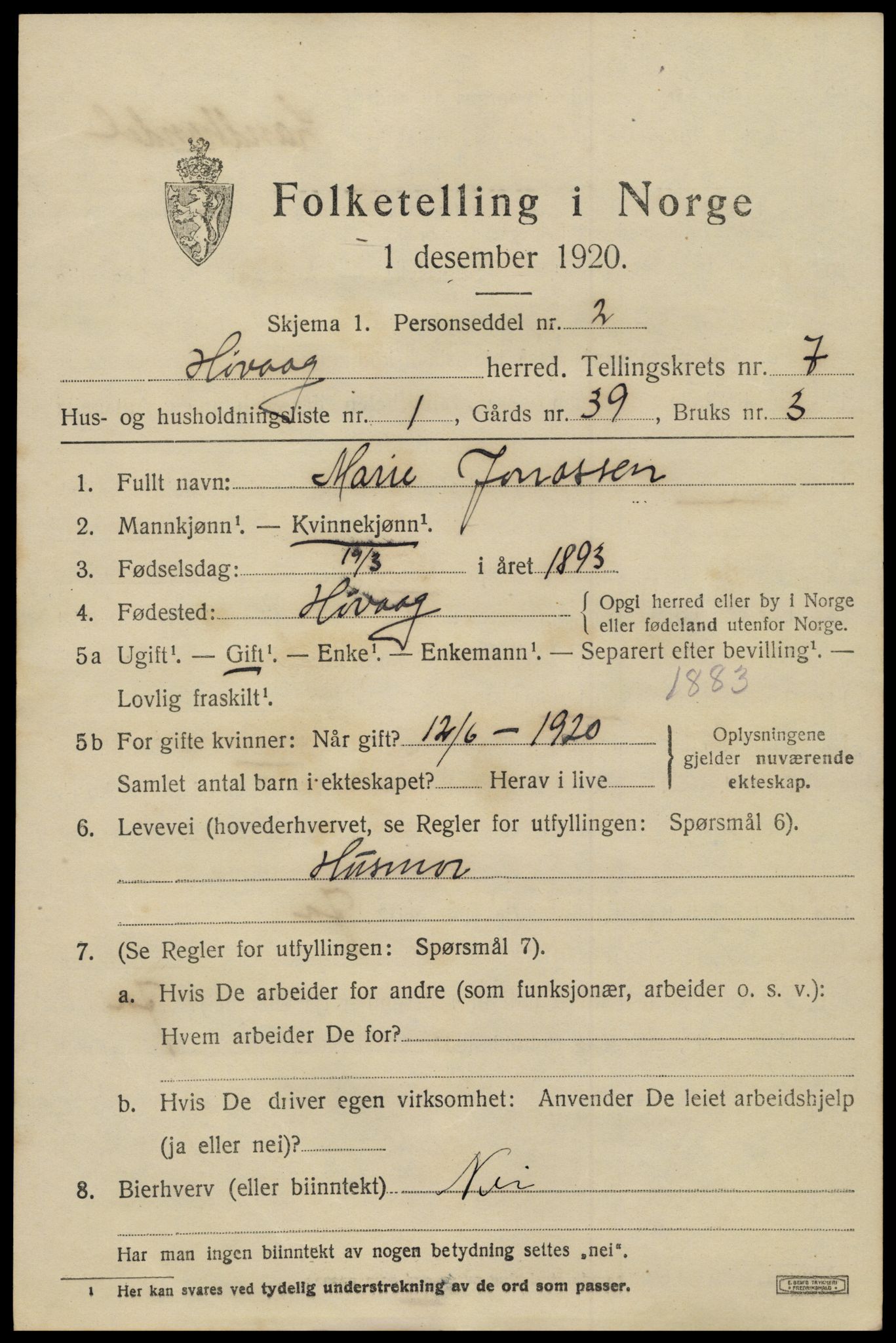 SAK, 1920 census for Høvåg, 1920, p. 3820