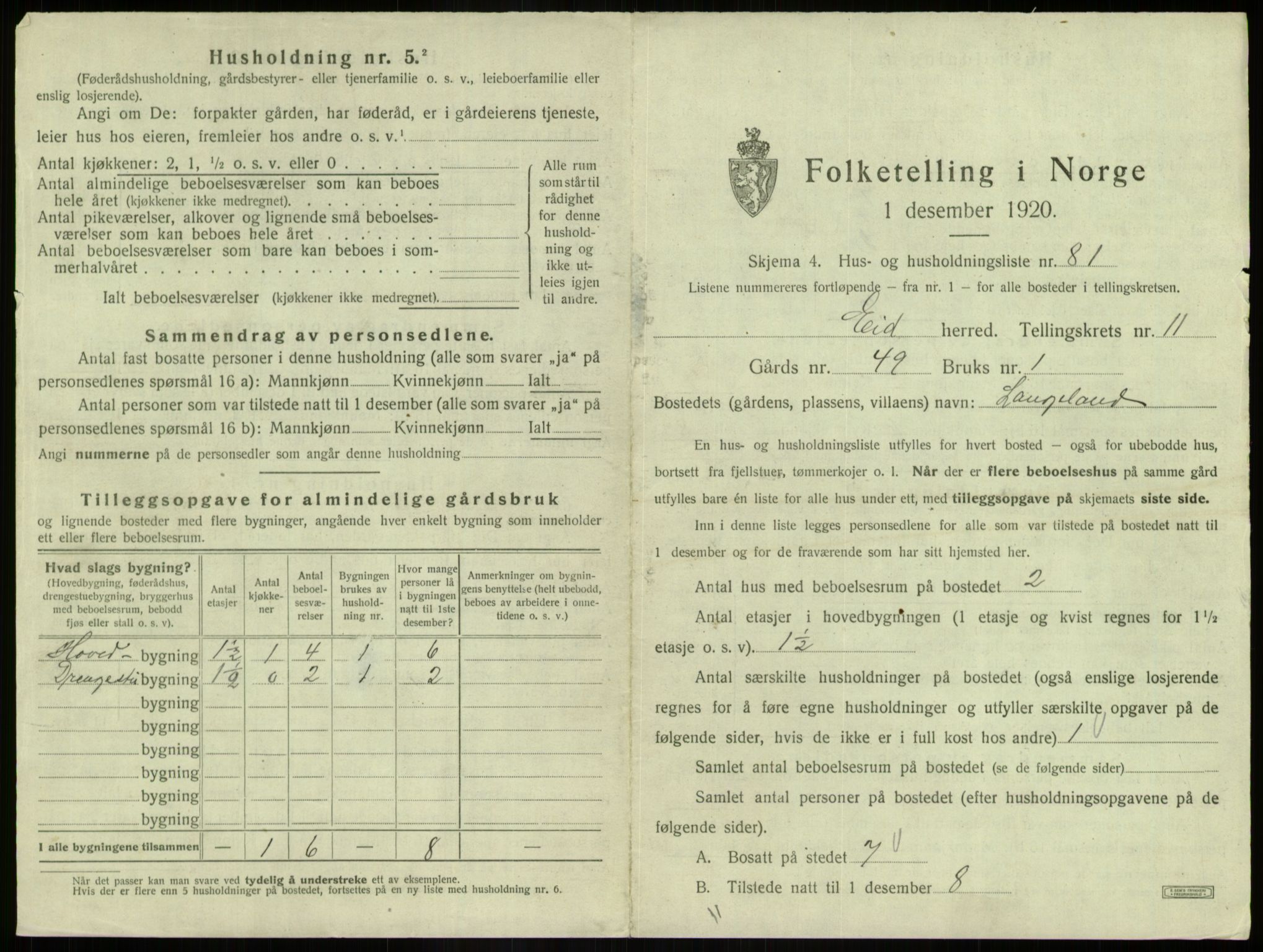 SAB, 1920 census for Eid, 1920, p. 997