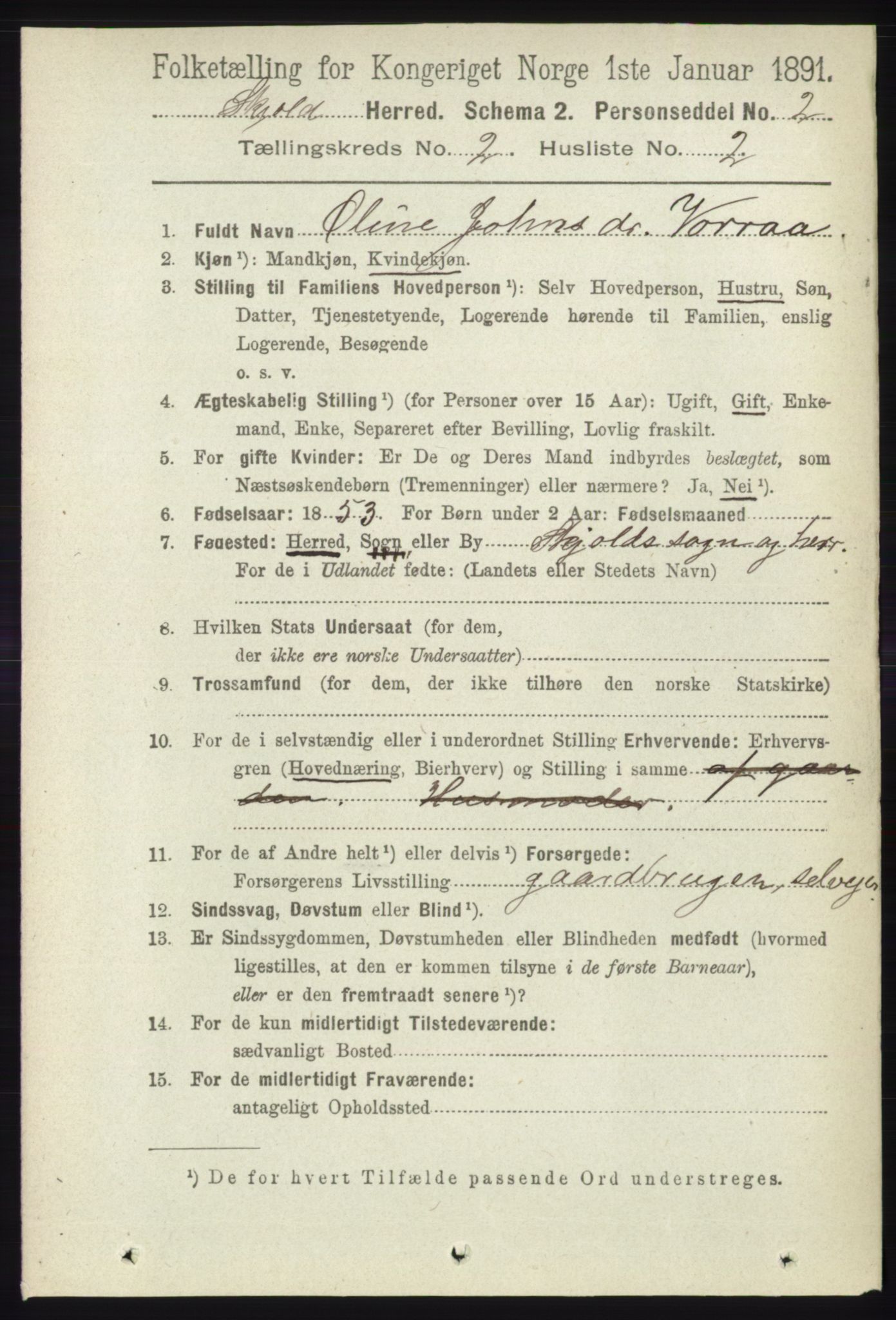 RA, 1891 census for 1154 Skjold, 1891, p. 288