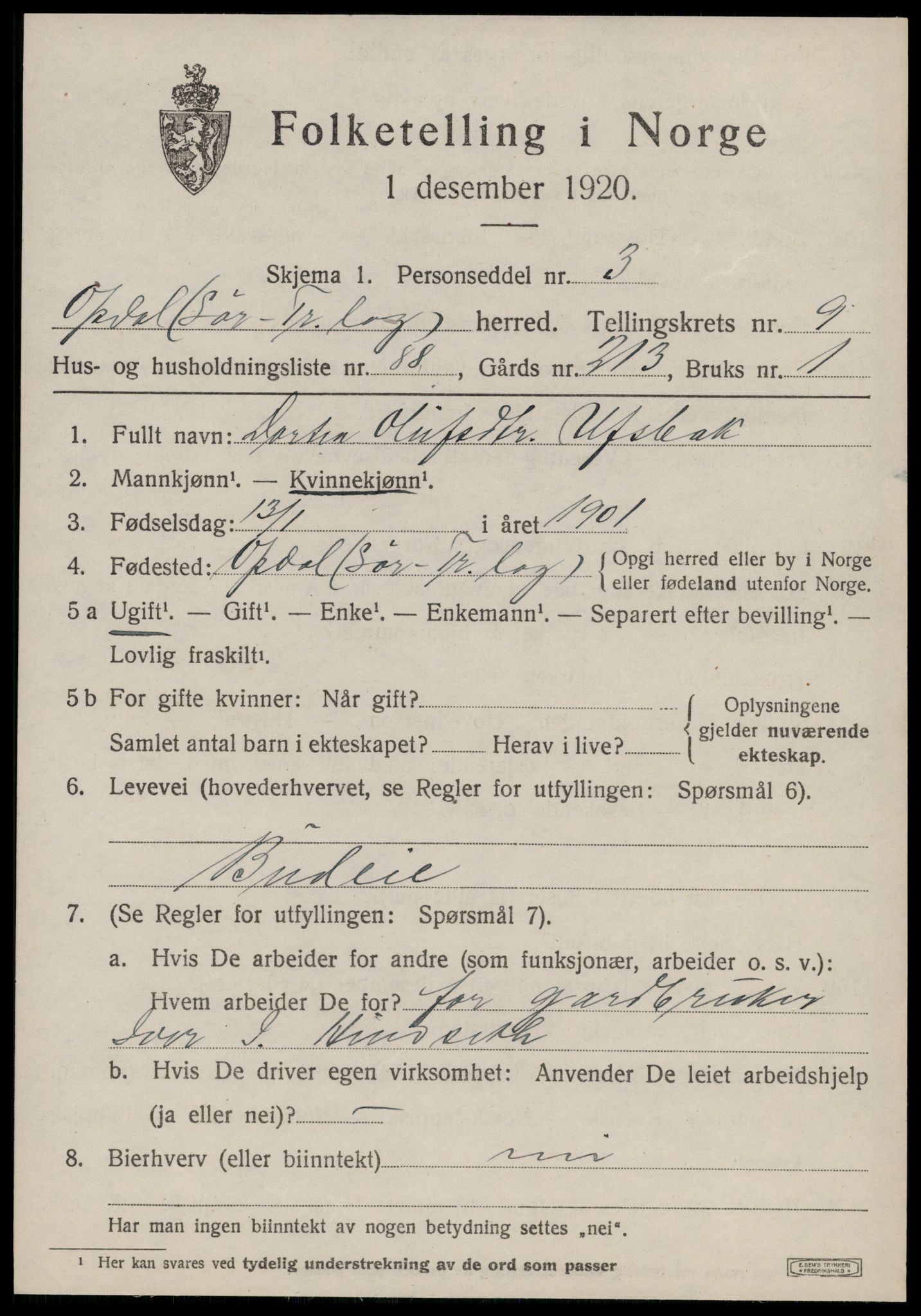 SAT, 1920 census for Oppdal, 1920, p. 8147